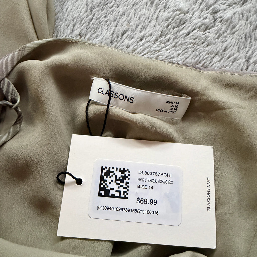 Glassons Khaki Charcoal Check Slip Dress Lace Trim Maxi Size 14 Evening BNWT - Image 7