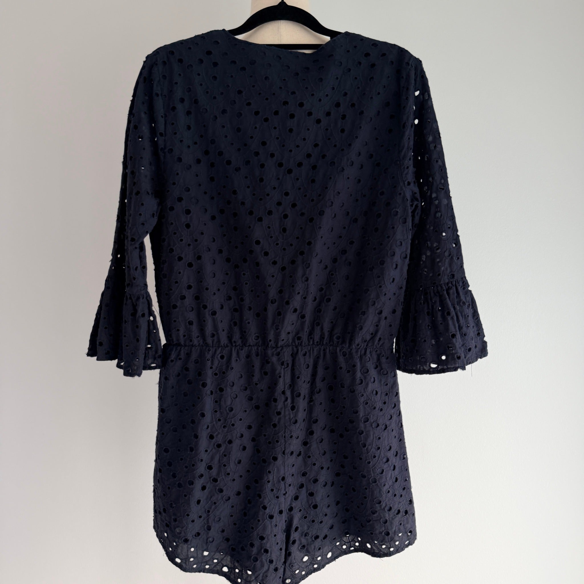 Seed Heritage Black Cotton Eyelet Playsuit Sz 10 Tie-Front Bell Sleeve Summer - Image 12