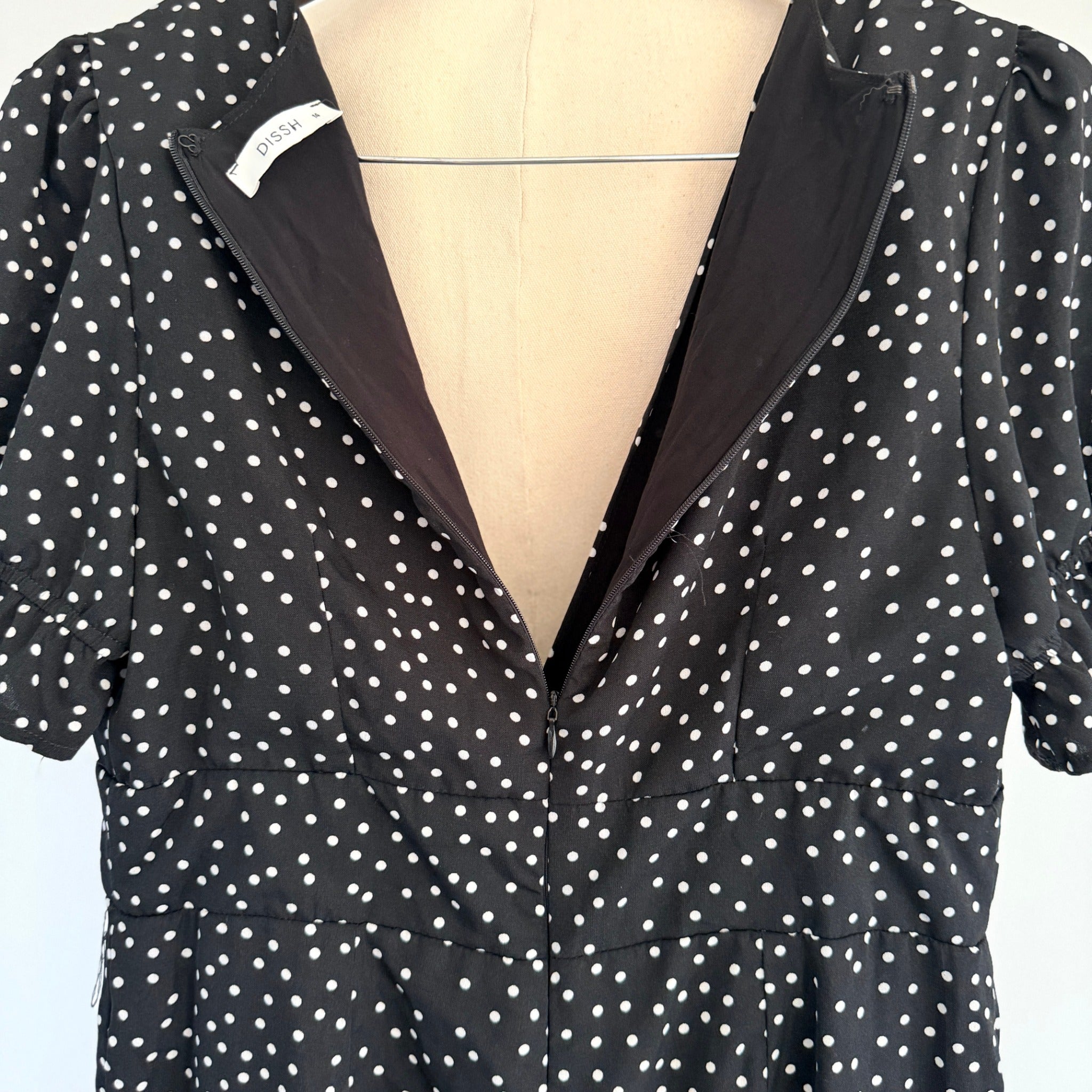 Dissh Black Polka Dot Polyester Jumpsuit Sz 14 Puff Sleeve V-Neck Party - Image 15