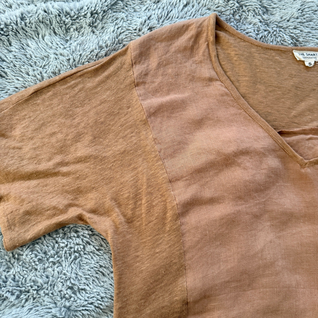 The Shanty Corporation Linen Top Tan V-Neck Relaxed Fit Size S Summer Casual - Image 17