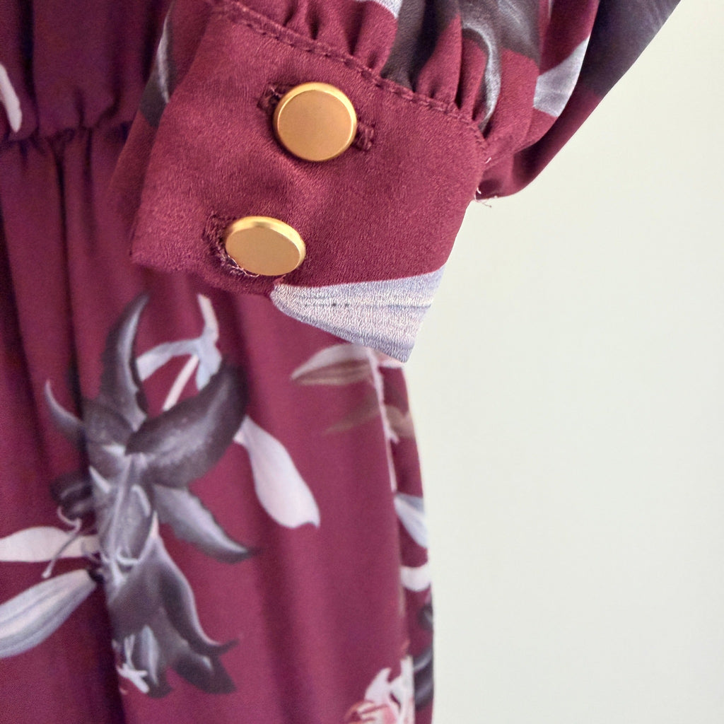 Portmans Floral Wrap Dress Burgundy Size 8 Elegant Long Sleeve - Image 21