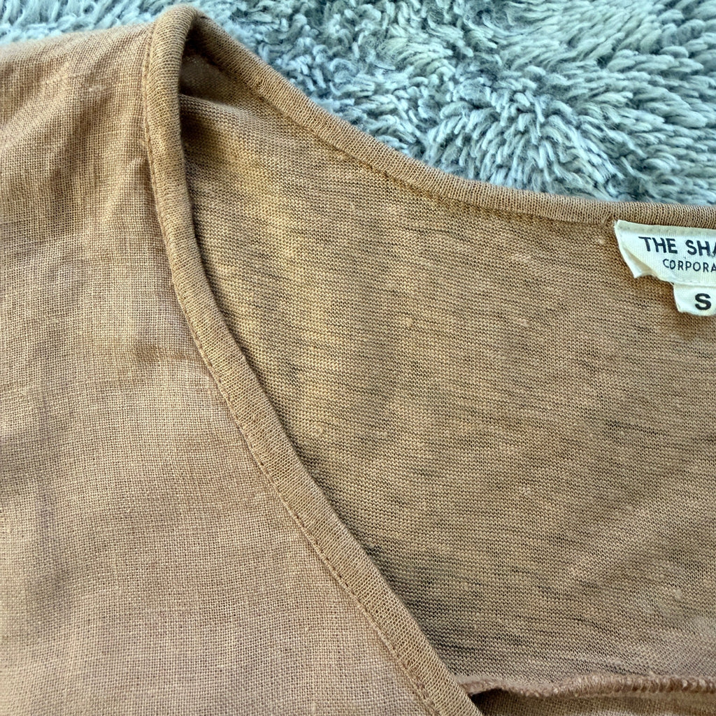 The Shanty Corporation Linen Top Tan V-Neck Relaxed Fit Size S Summer Casual - Image 18