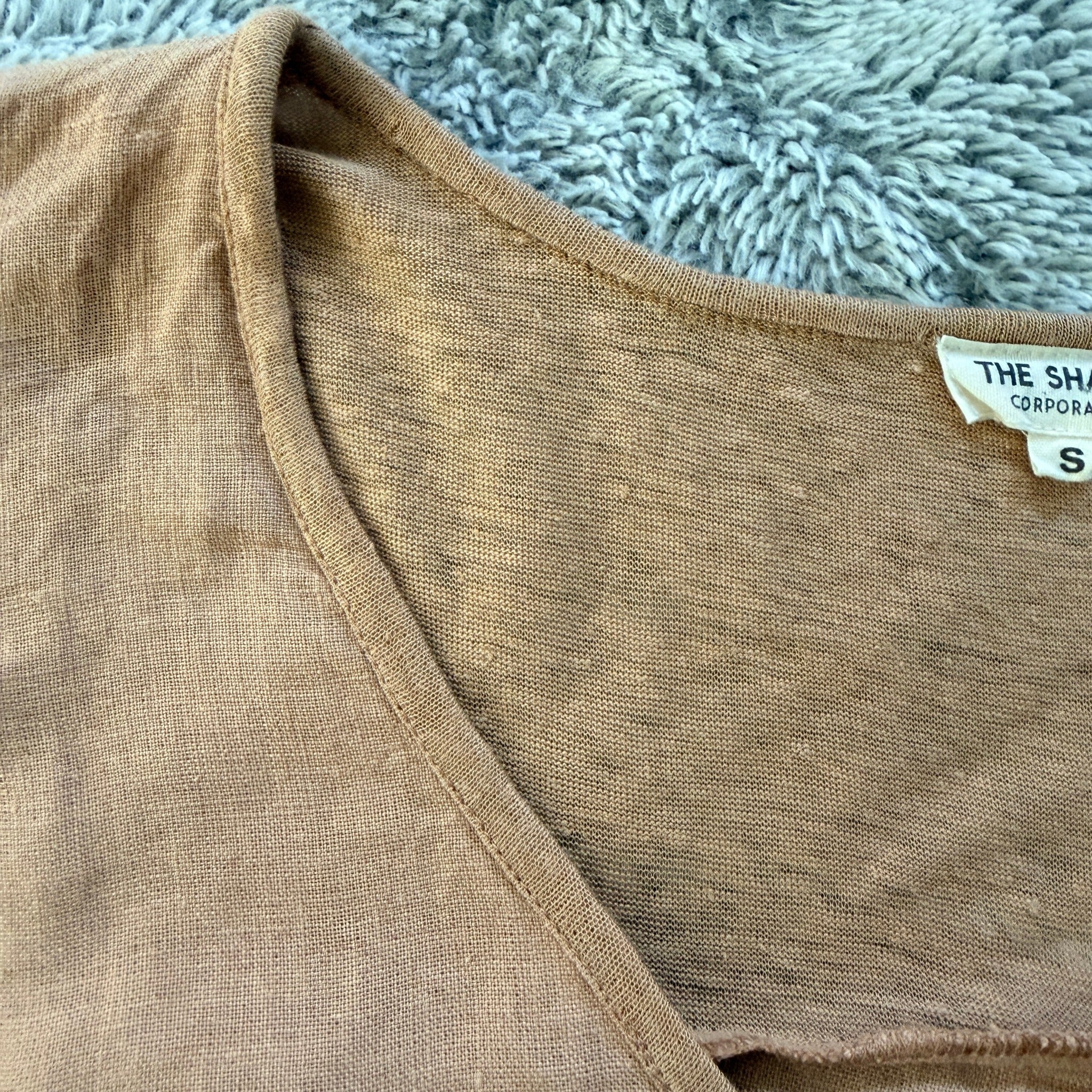 The Shanty Corporation Linen Top Tan V-Neck Relaxed Fit Size S Summer Casual - Image 18