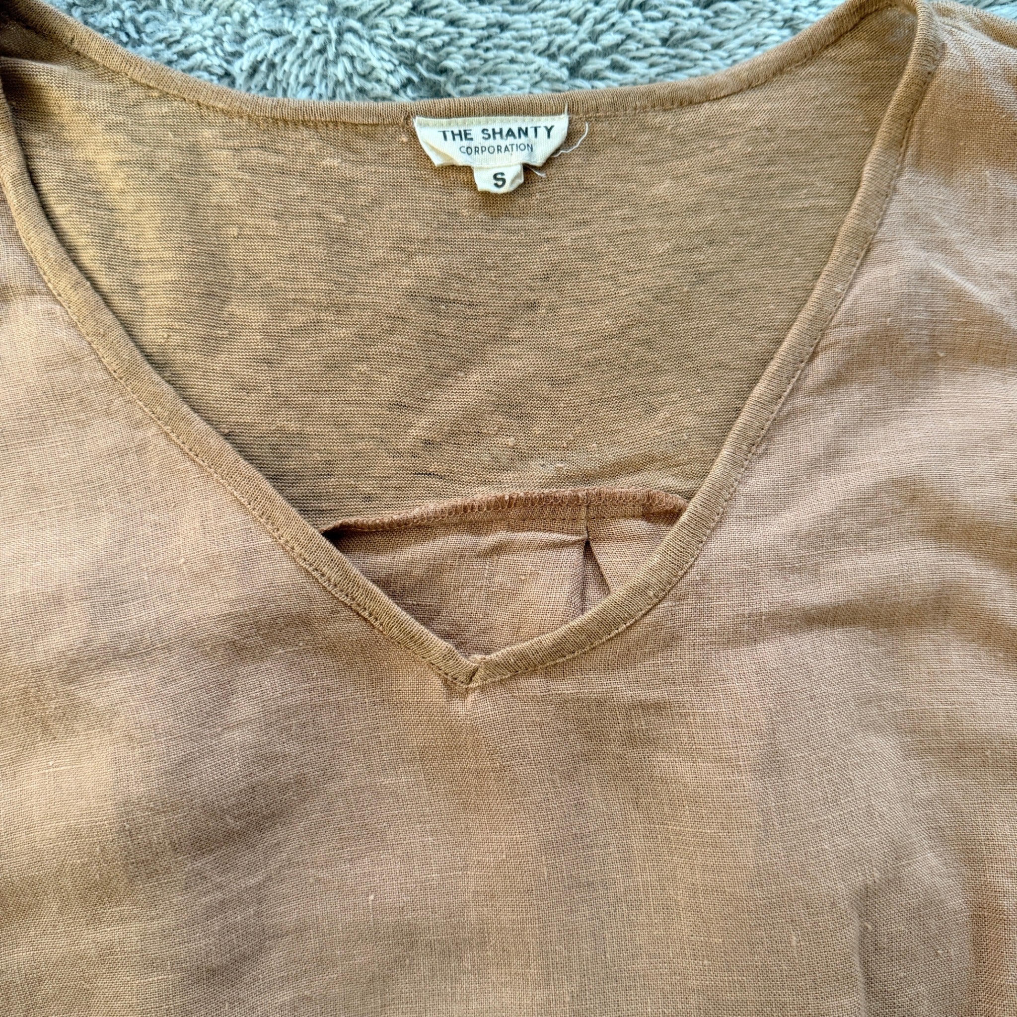 The Shanty Corporation Linen Top Tan V-Neck Relaxed Fit Size S Summer Casual - Image 19