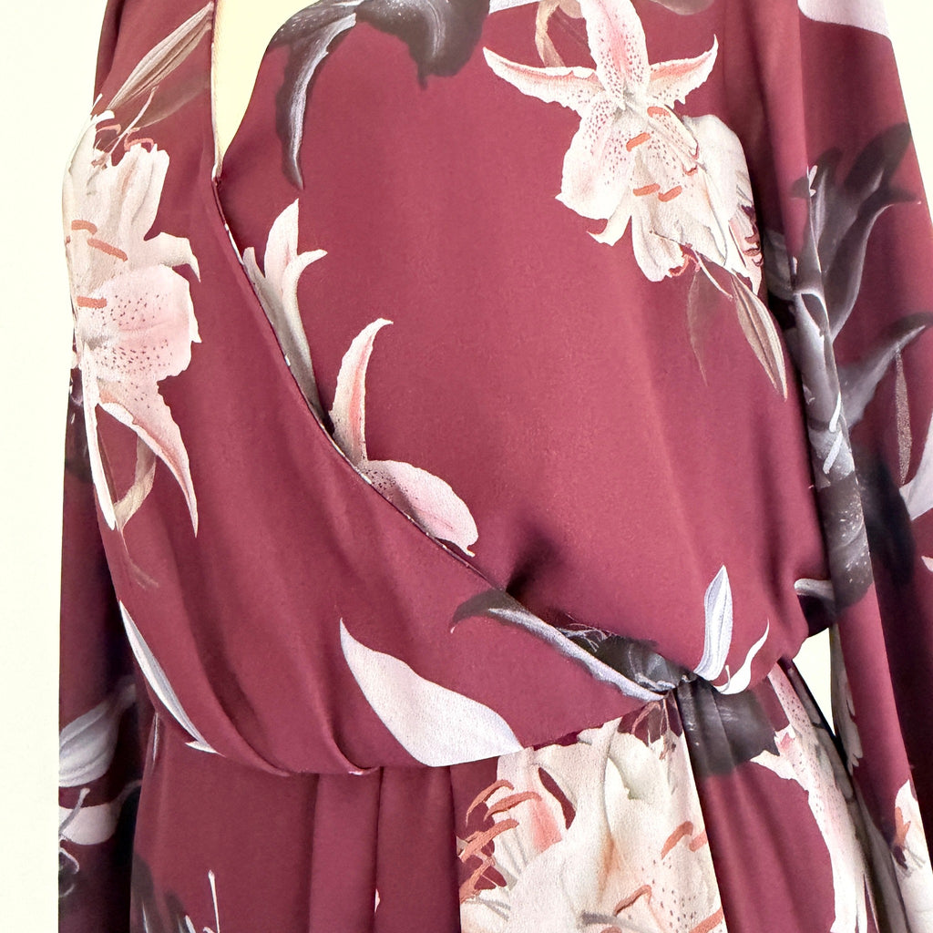 Portmans Floral Wrap Dress Burgundy Size 8 Elegant Long Sleeve - Image 22