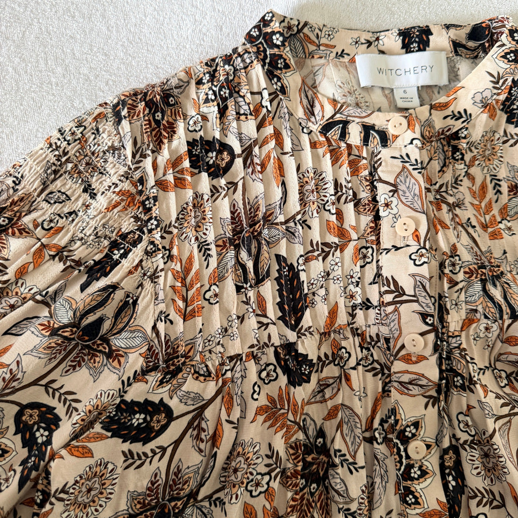 Witchery Beige Floral Print Viscose Blouse Size 6 Button Down Long Sleeve Boho - Image 20
