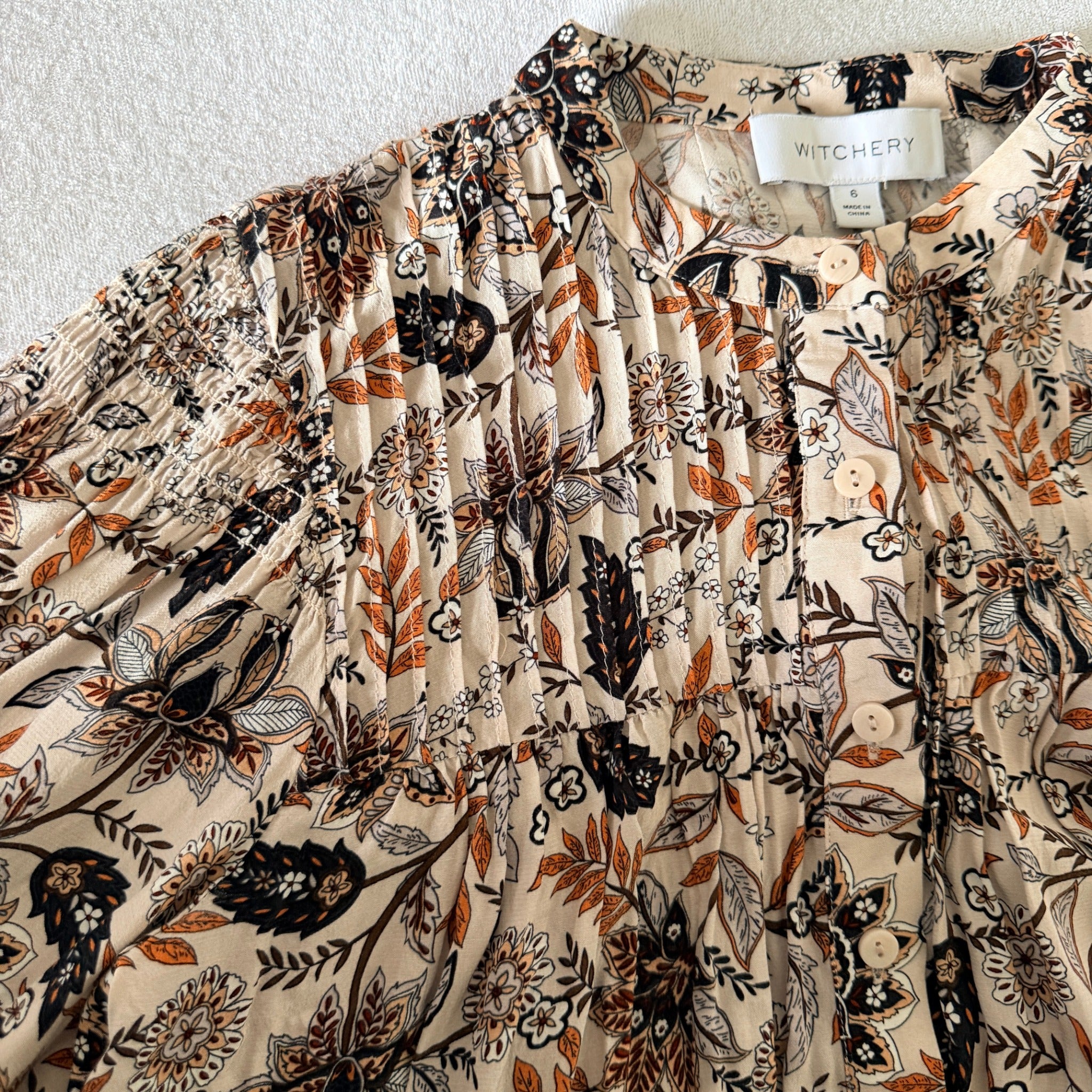 Witchery Beige Floral Print Viscose Blouse Size 6 Button Down Long Sleeve Boho - Image 20