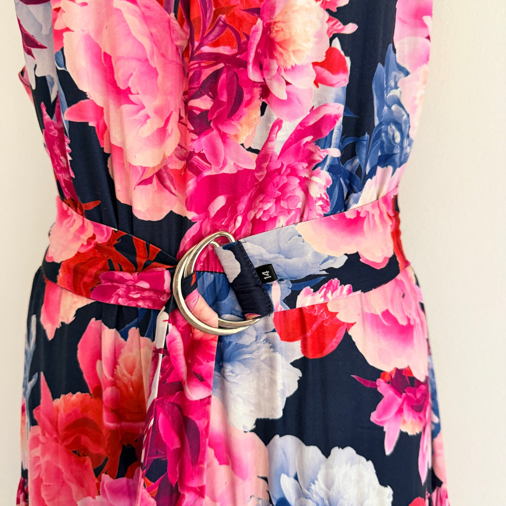 Portmans Floral Maxi Dress Navy Pink Tiered Sleeveless With Belt Sz 14 Casual - Image 21