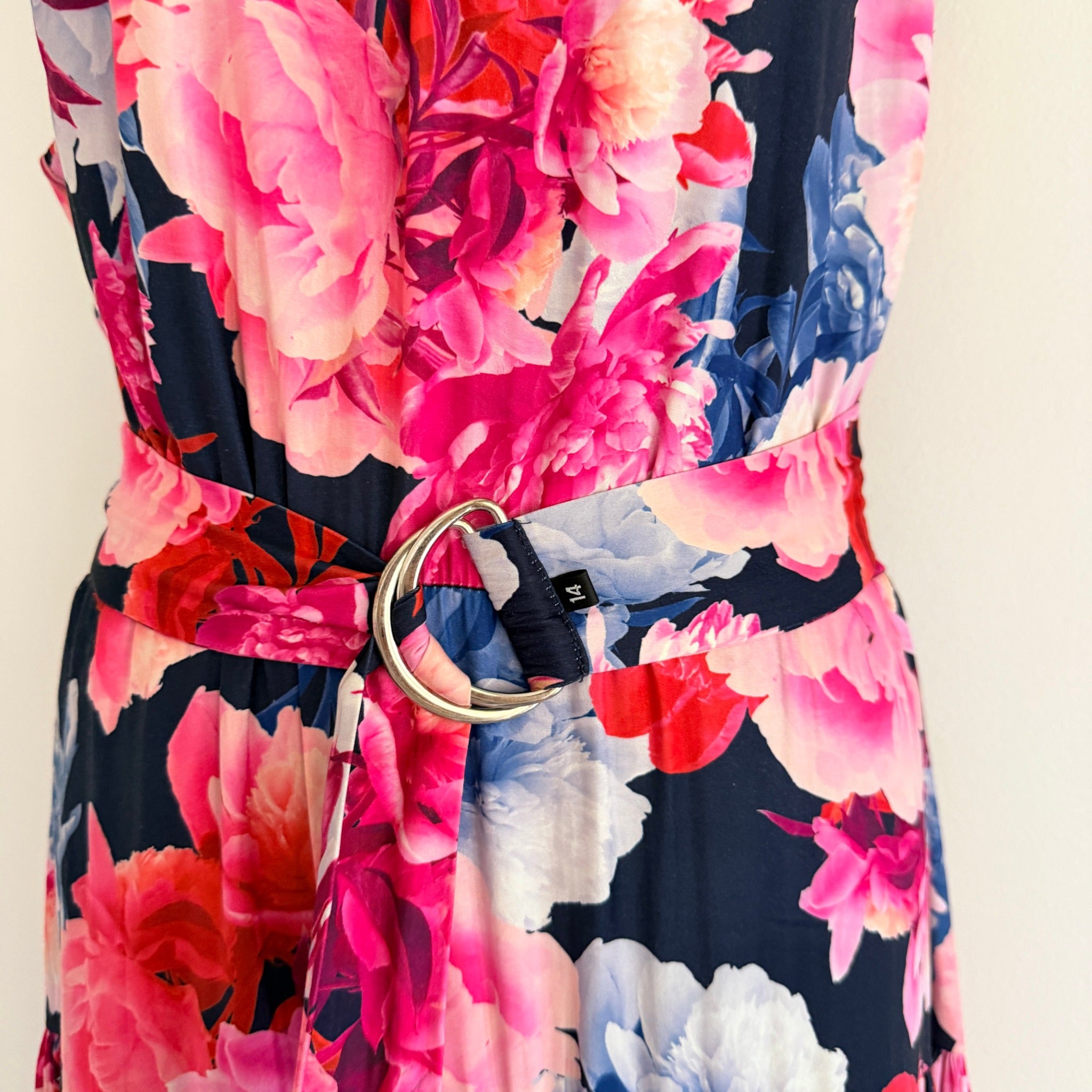 Portmans Floral Maxi Dress Navy Pink Tiered Sleeveless With Belt Sz 14 Casual - Image 21