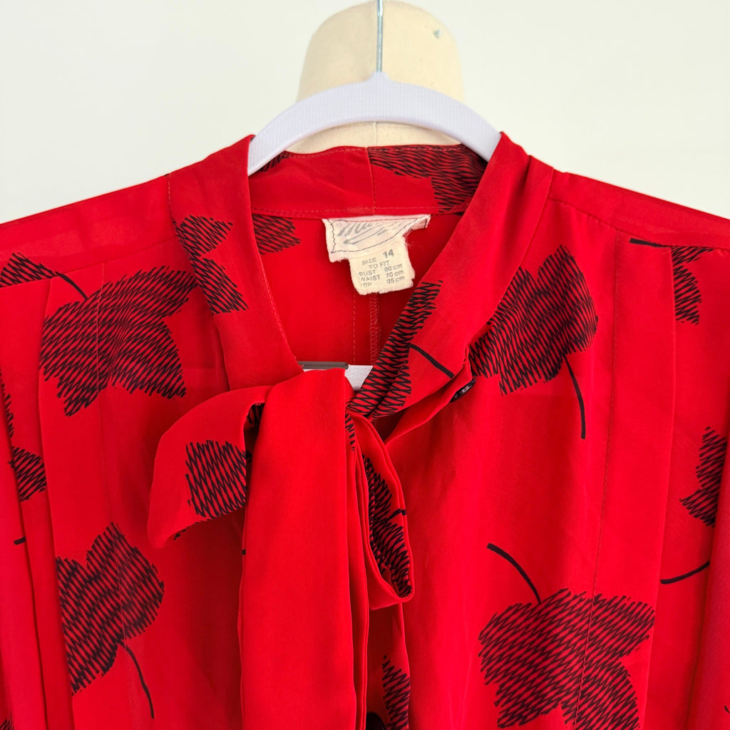 Maxine Vintage Red Black Leaf Print Polyester Pussy Bow Midi Dress Sz 14 Retro - Image 3