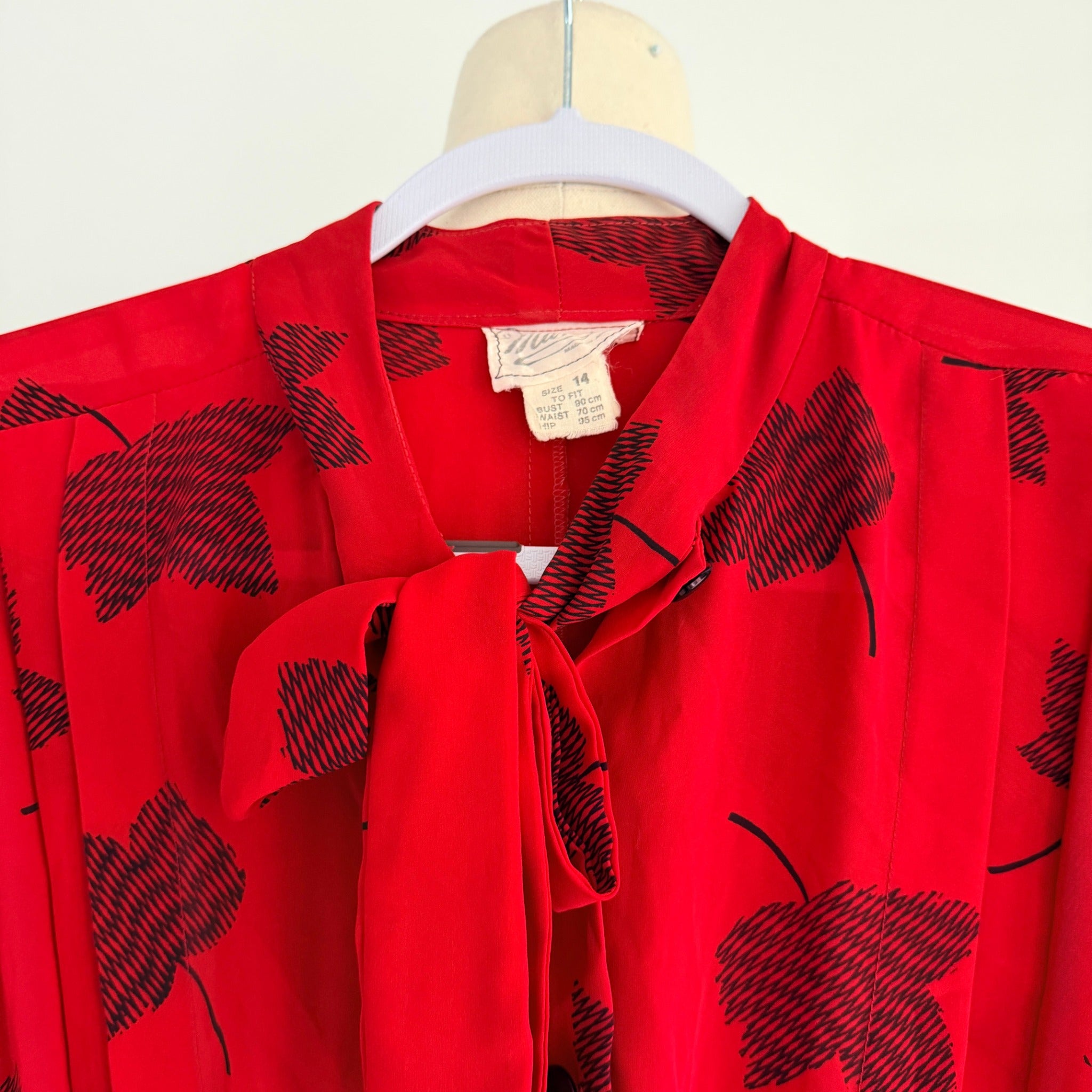 Maxine Vintage Red Black Leaf Print Polyester Pussy Bow Midi Dress Sz 14 Retro - Image 3