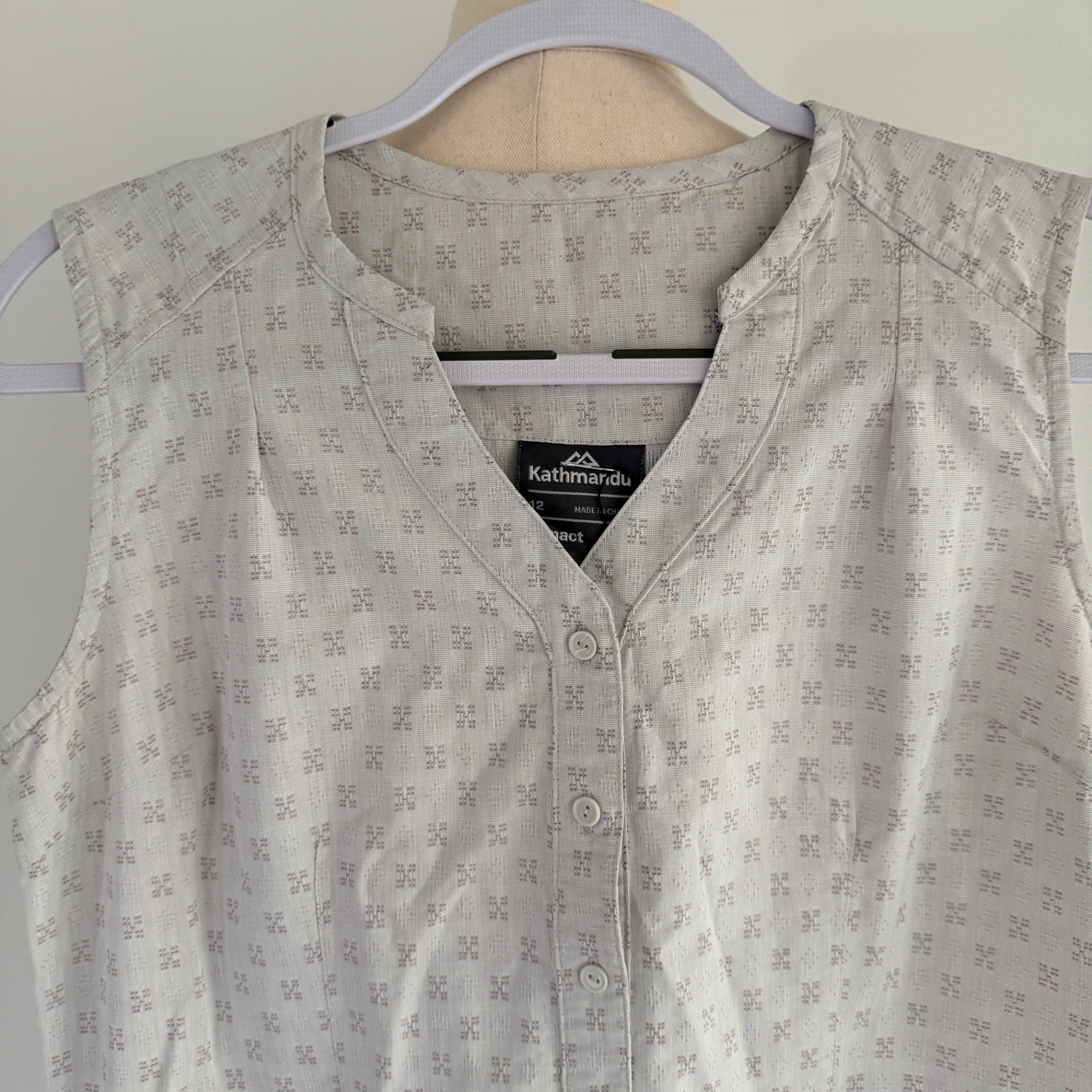Kathmandu Grey Organic Cotton Sleeveless Button Dress Sz 12 Geometric Casual - Image 3