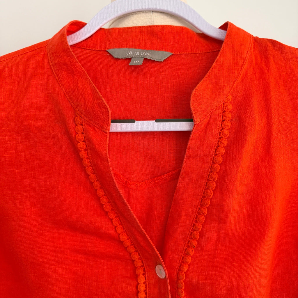 Yarra Trail Orange 100% Linen Button Up Shirt Size 10 Crochet Trim Casual - Image 3