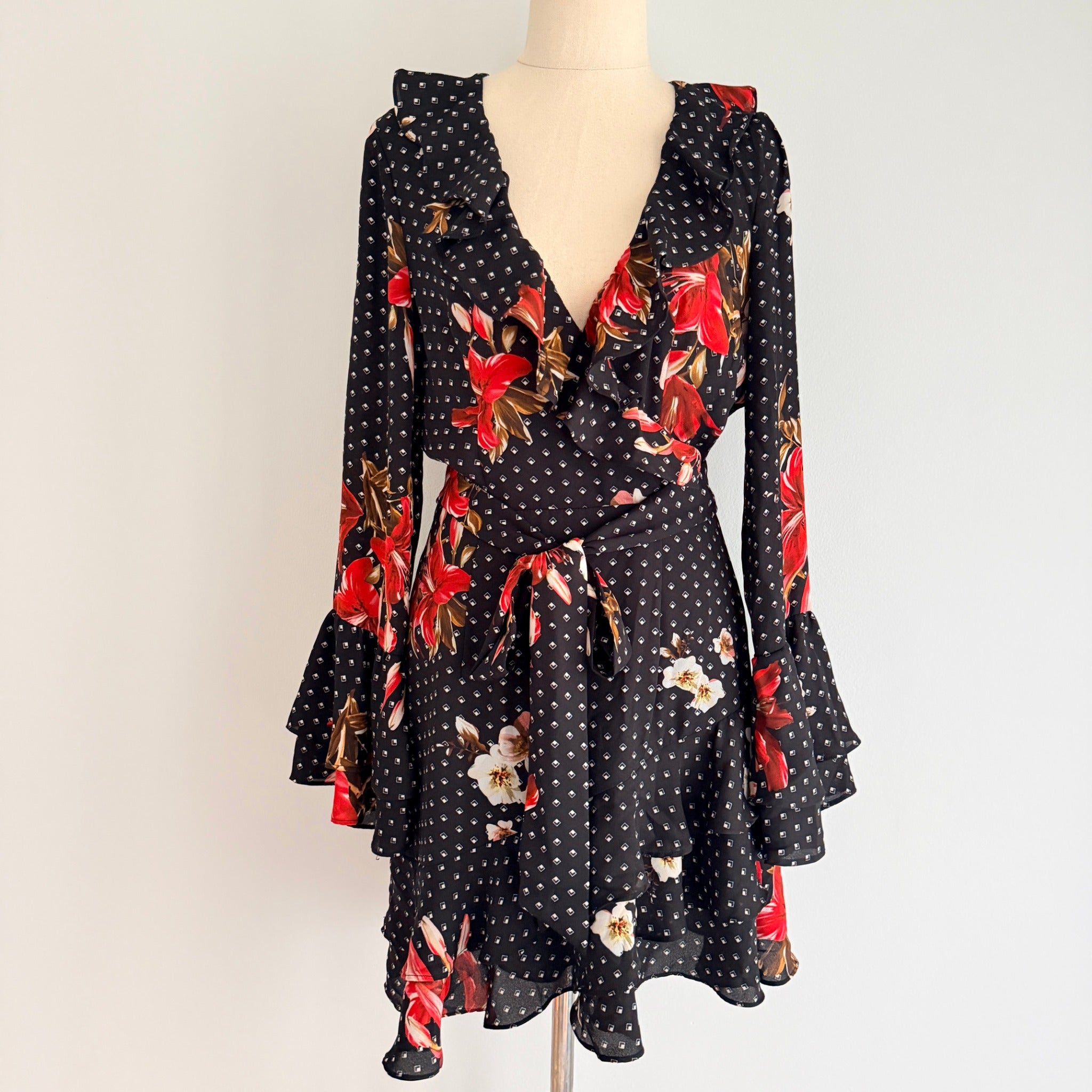 Sheike Black Floral Polka Dot Ruffle Wrap Dress Size 8 - Image 23