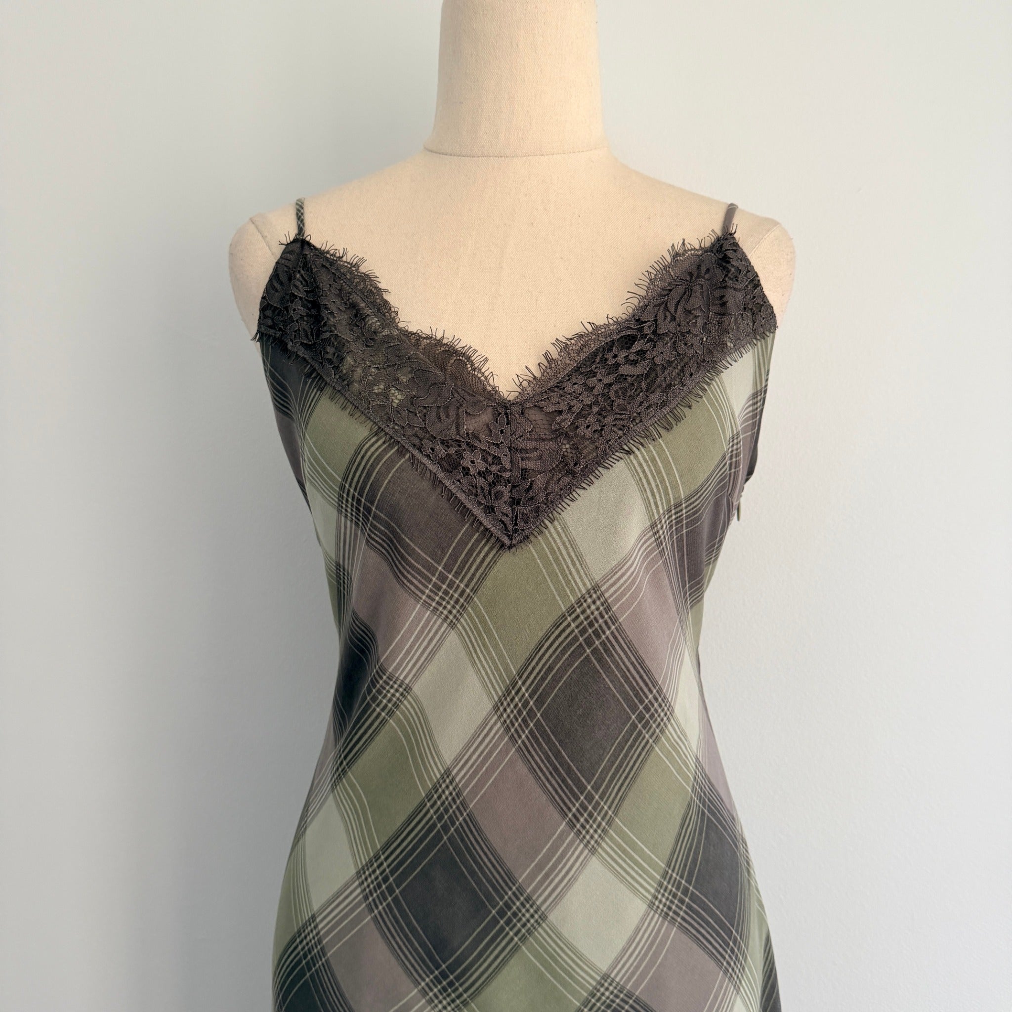 Glassons Khaki Charcoal Check Slip Dress Lace Trim Maxi Size 14 Evening BNWT - Image 3