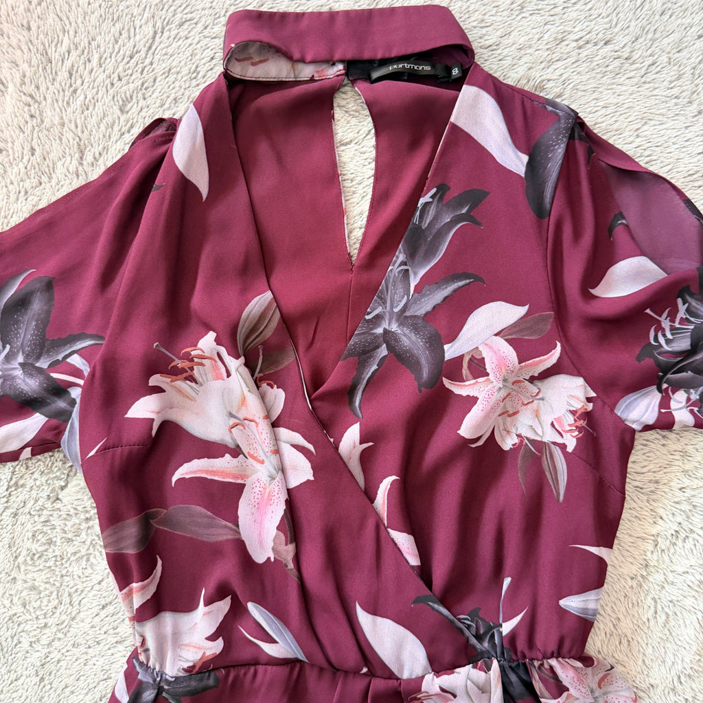 Portmans Floral Wrap Dress Burgundy Size 8 Elegant Long Sleeve - Image 15