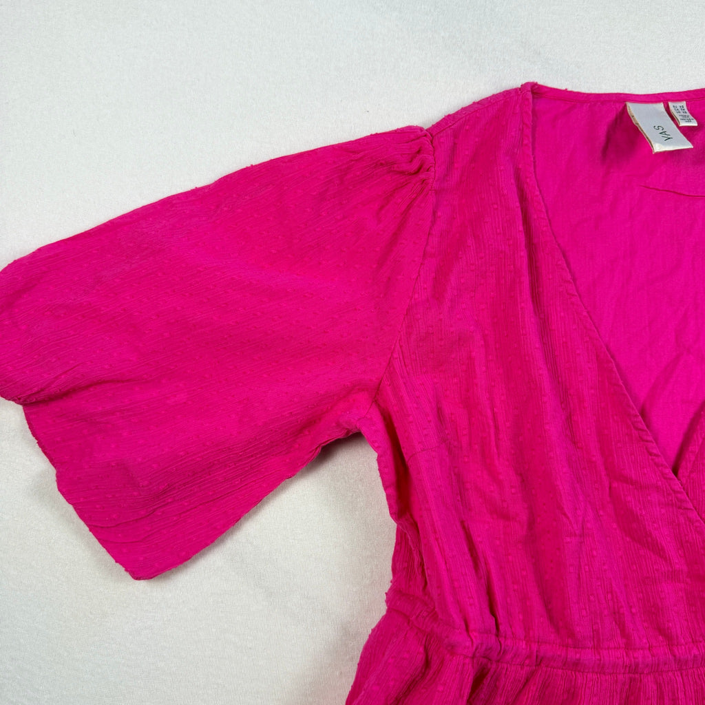 YAS Womens Wrap Dress Size XS Pink Cotton Puff Sleeve Tie Waist Summer - Image 12