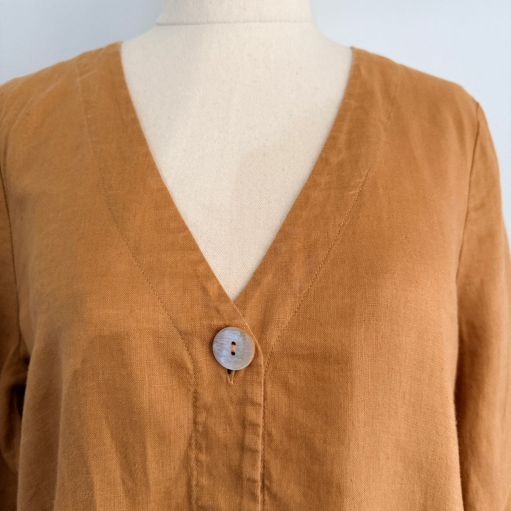 Sussan Linen Tunic Top Ochre V-Neck Button-Down Size 6 Relaxed Summer Casual - Image 3