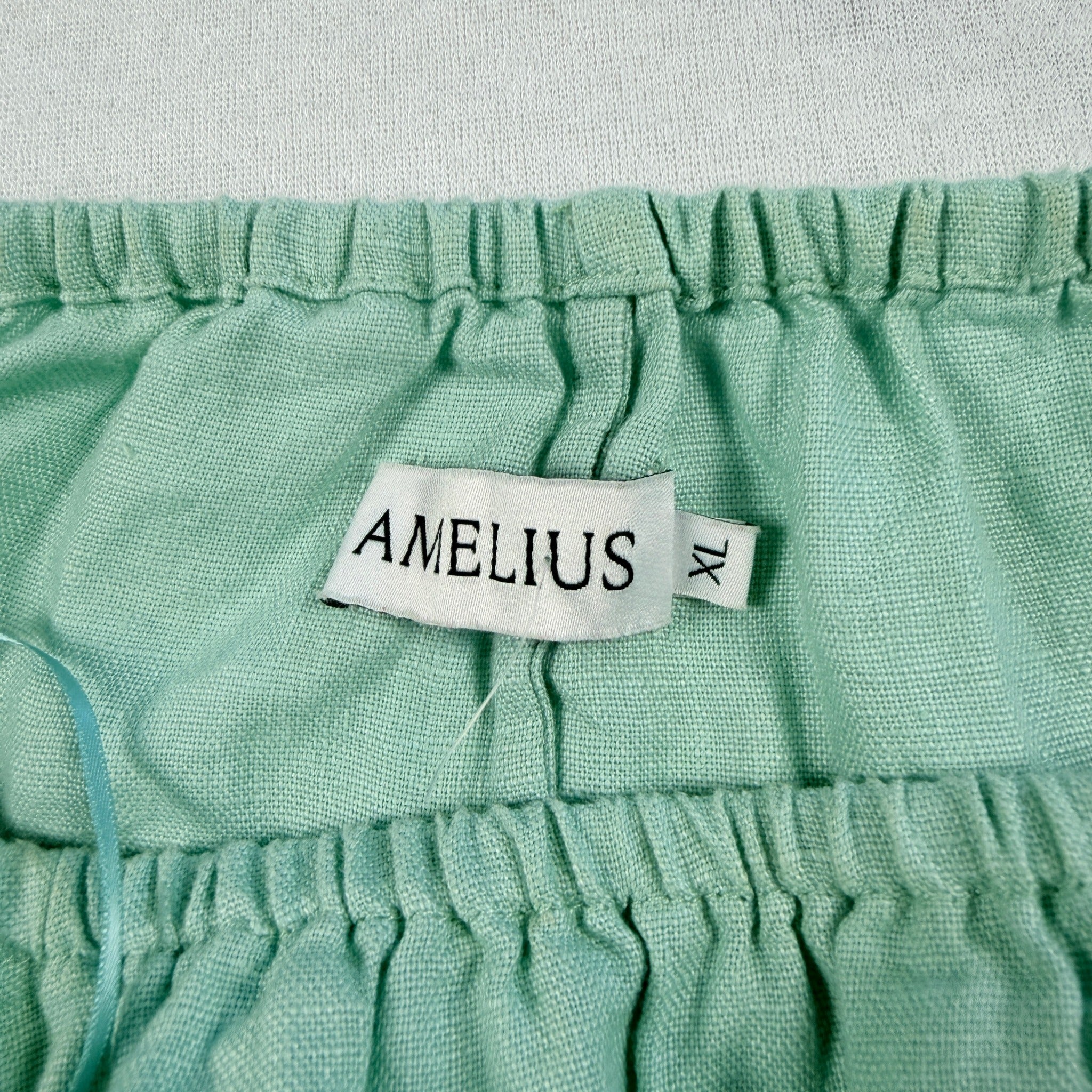 Amelius Mint Green Linen Midi Dress Size XL Puff Sleeve Tie Waist Resort - Image 4
