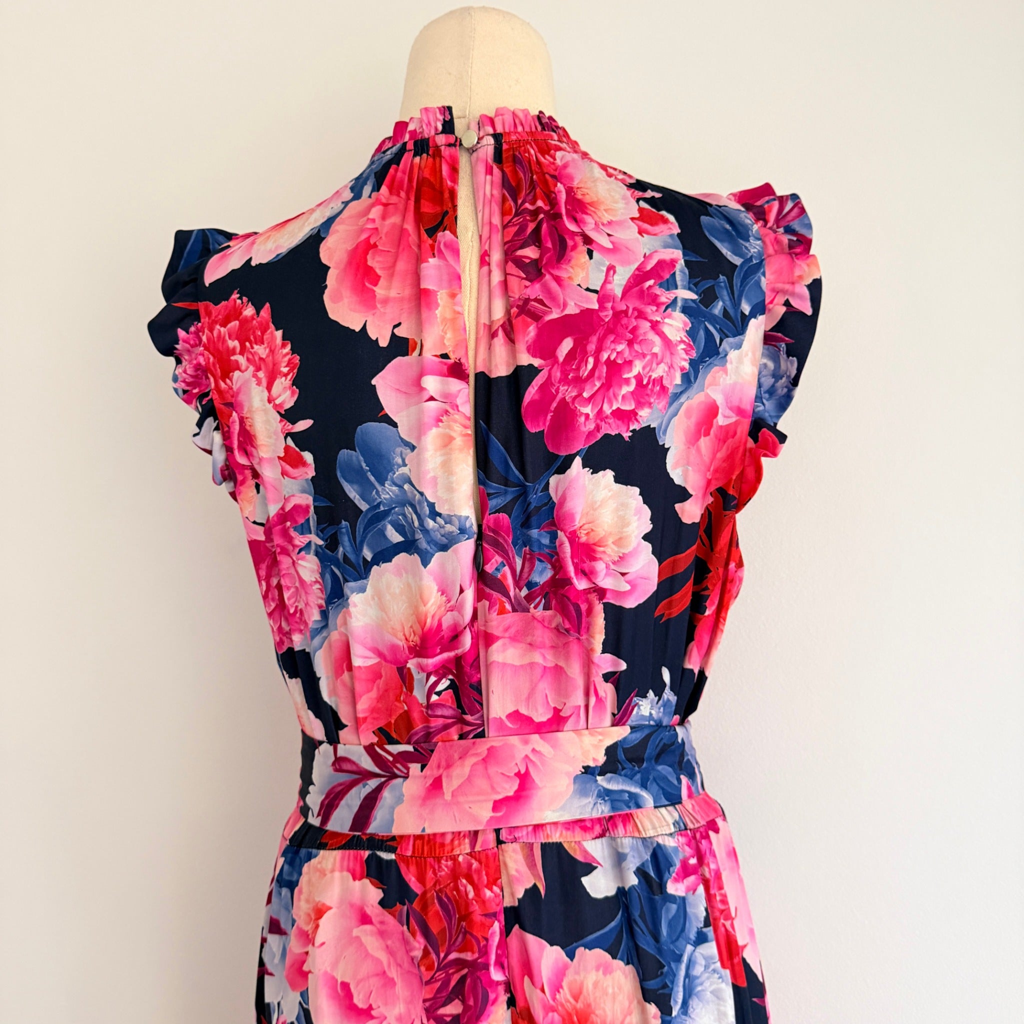 Portmans Floral Maxi Dress Navy Pink Tiered Sleeveless With Belt Sz 14 Casual - Image 9