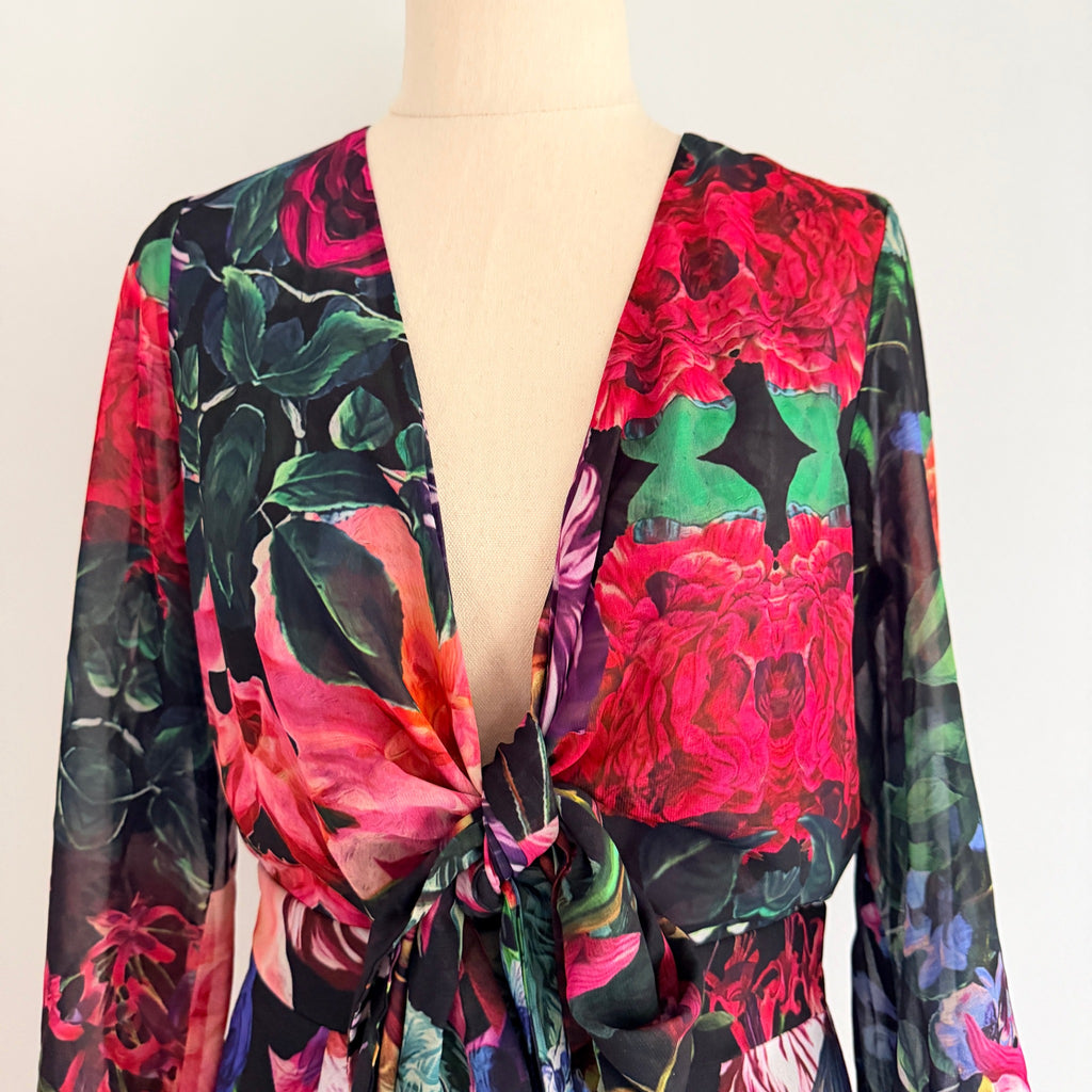 Sheike Floral Print Tie-Front Long Sleeve Mini Dress Size 8 - Image 2