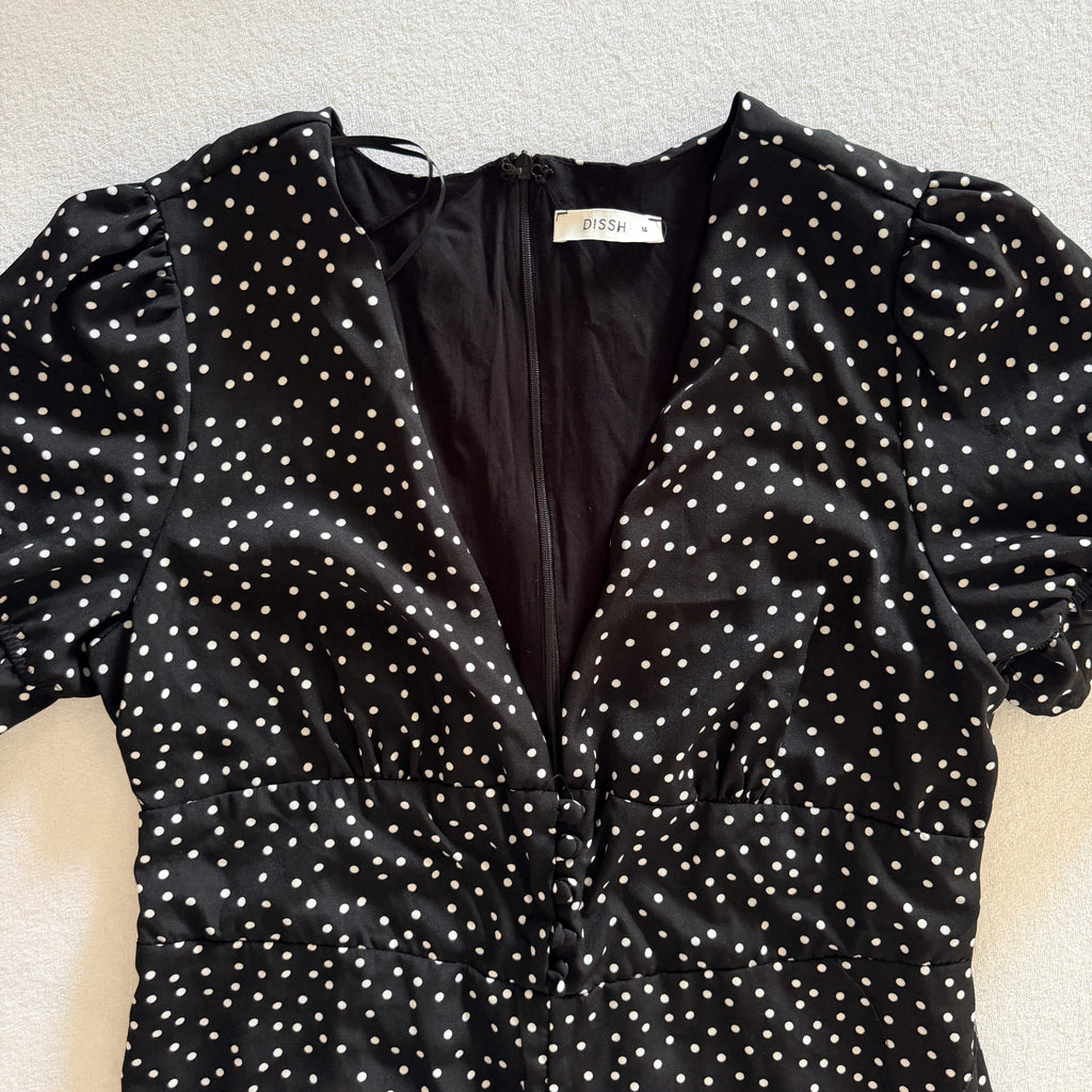 Dissh Black Polka Dot Polyester Jumpsuit Sz 14 Puff Sleeve V-Neck Party - Image 9