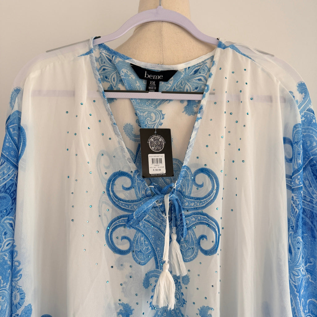 Beme Blue White Paisley Polyester Kaftan Top Size XXL Boho Beach Cover Up BNWT - Image 3