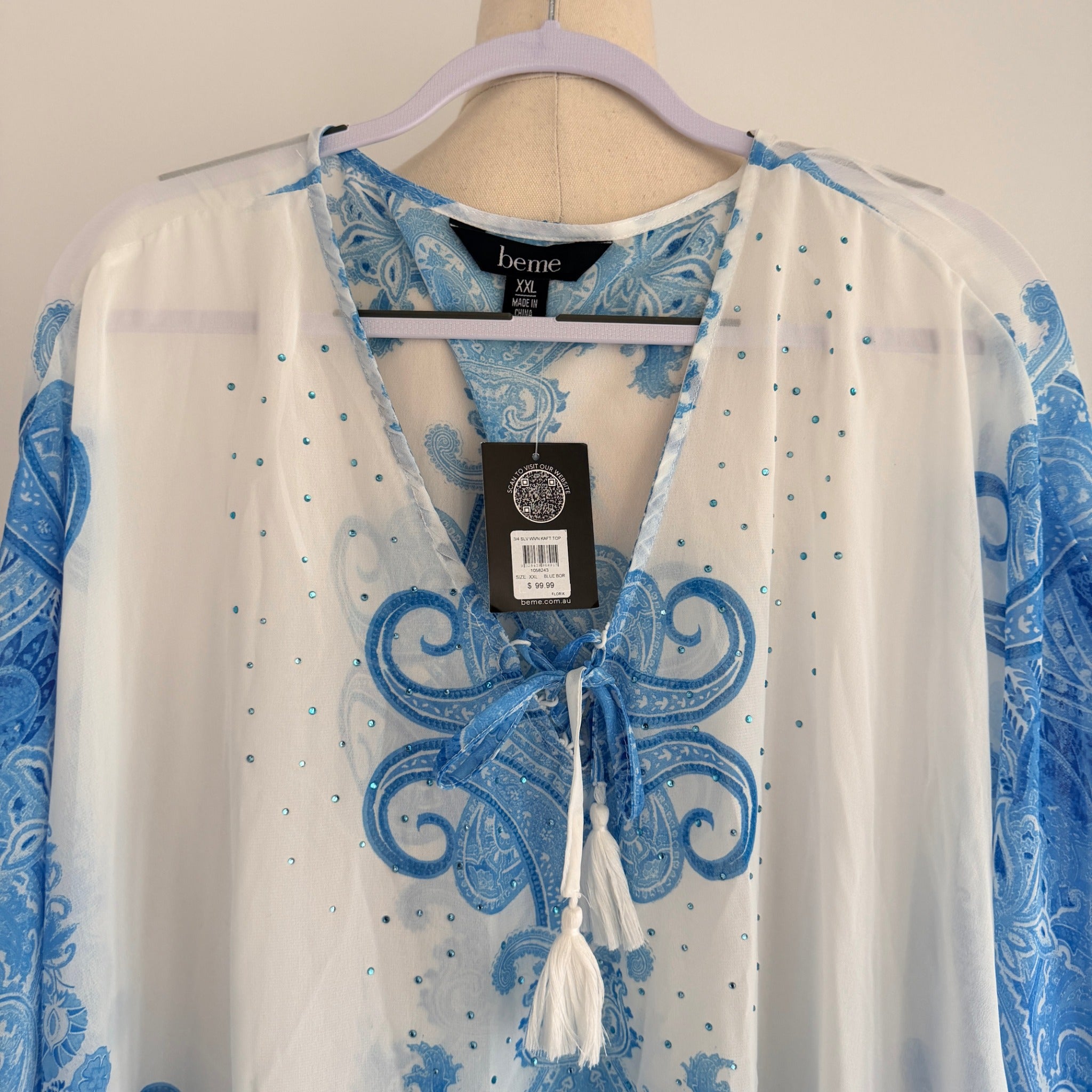 Beme Blue White Paisley Polyester Kaftan Top Size XXL Boho Beach Cover Up BNWT - Image 3