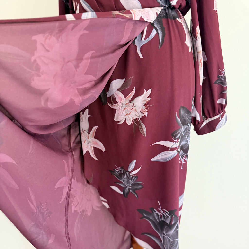 Portmans Floral Wrap Dress Burgundy Size 8 Elegant Long Sleeve - Image 7
