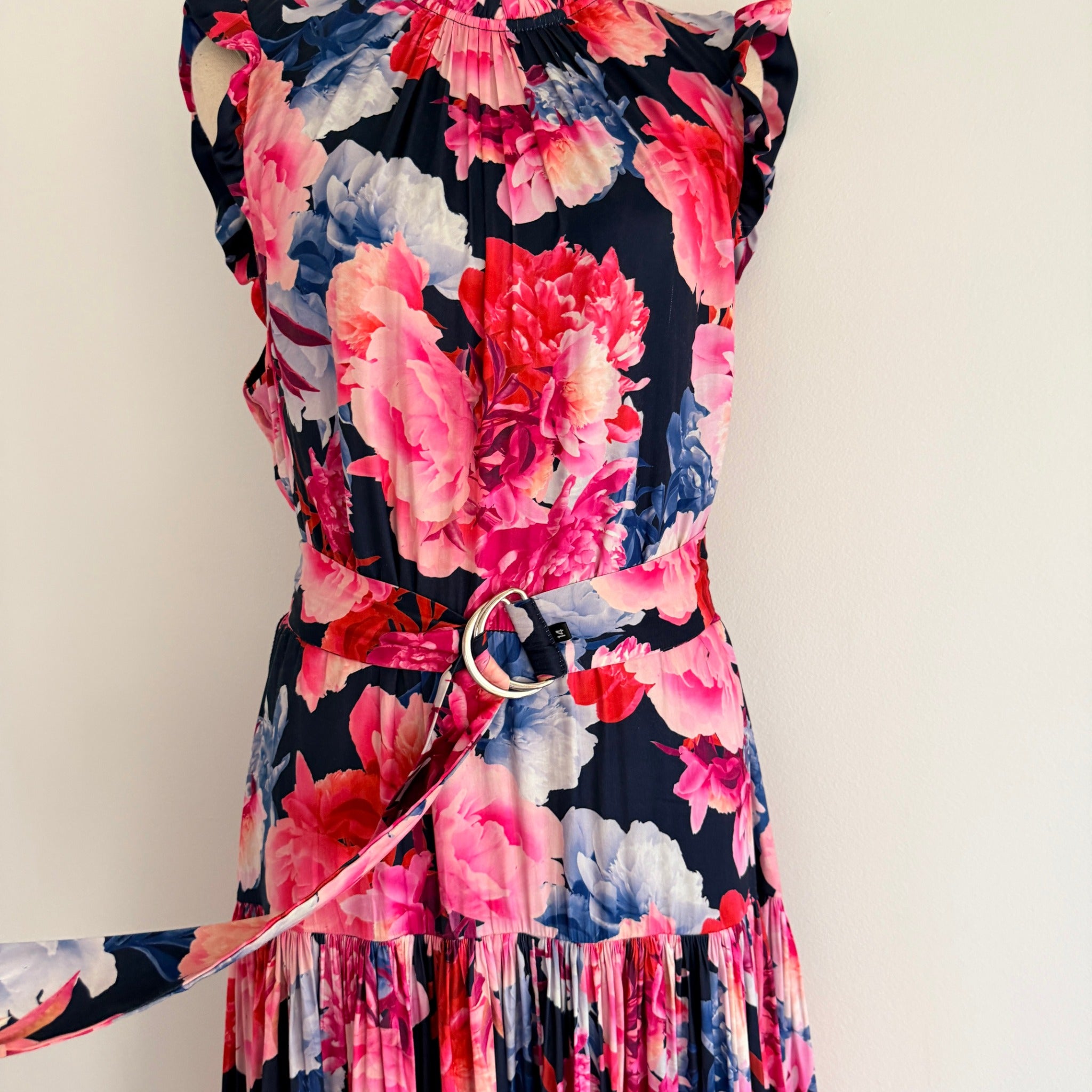 Portmans Floral Maxi Dress Navy Pink Tiered Sleeveless With Belt Sz 14 Casual - Image 22