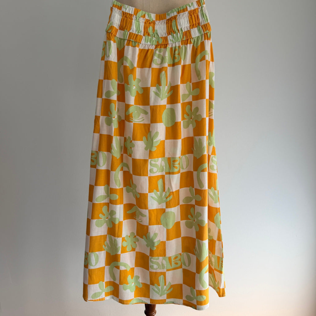 Sabo Orange And White Checkered Leaf Print Maxi Skirt - Image 22