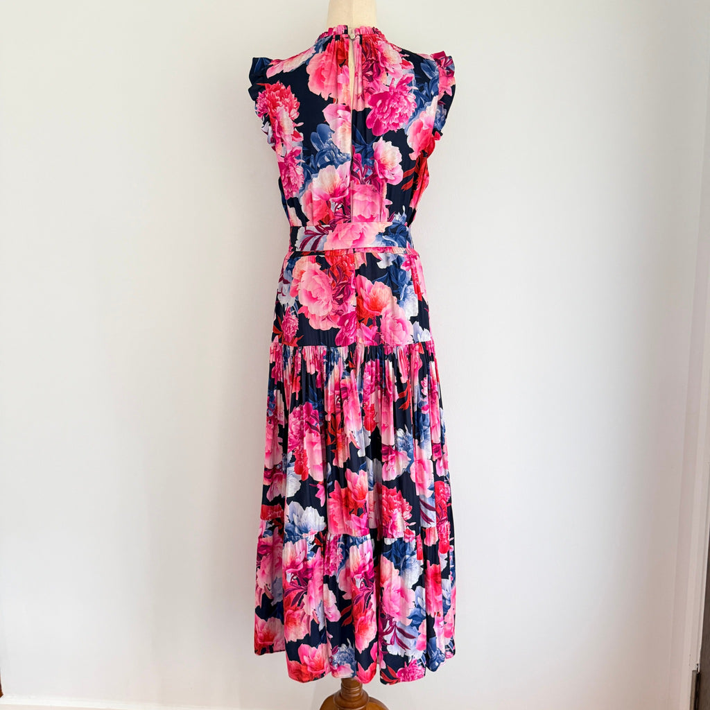 Portmans Floral Maxi Dress Navy Pink Tiered Sleeveless With Belt Sz 14 Casual - Image 2