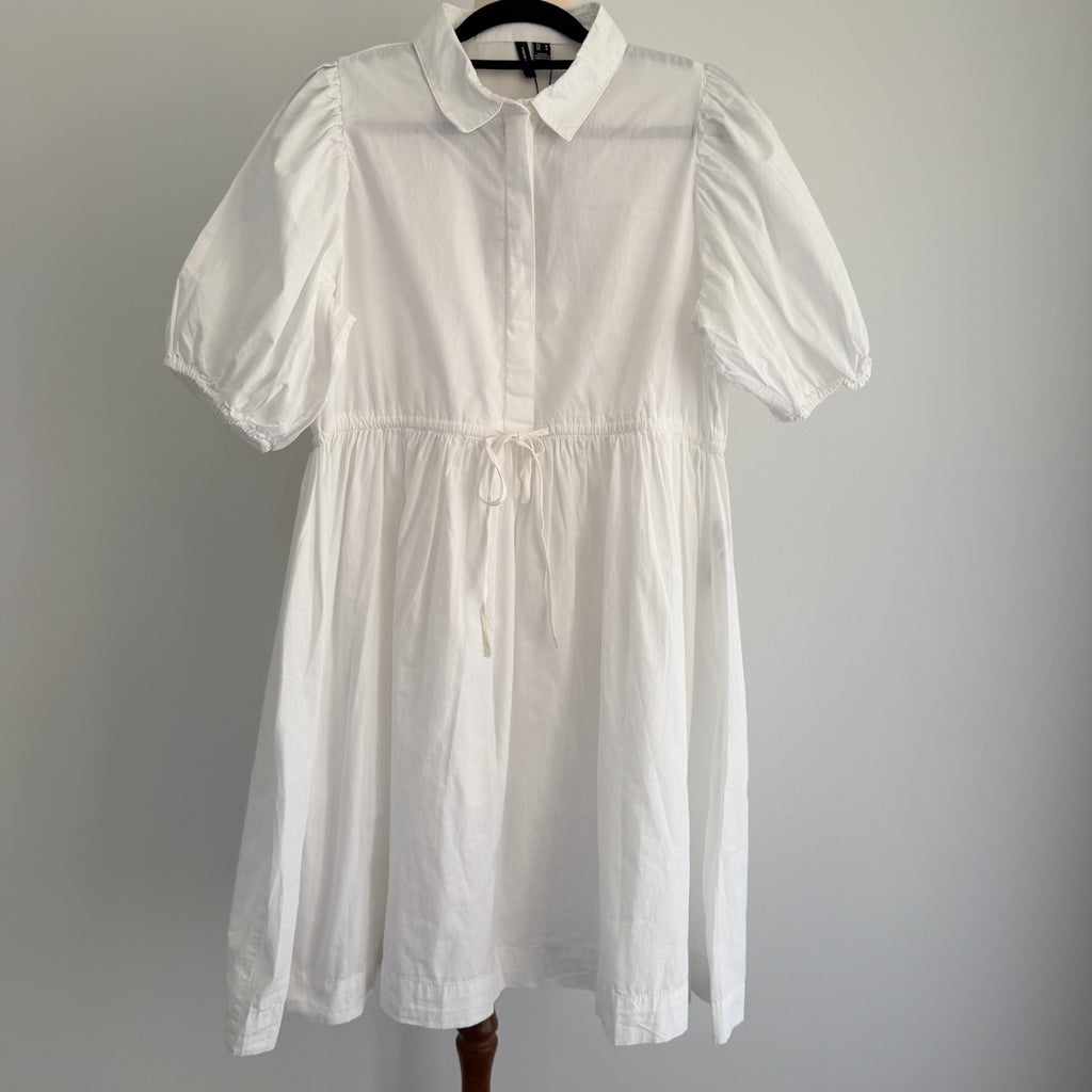 Vero Moda White Cotton Midi Dress Puff Sleeve Tie Waist Size M Casual BNWT - Image 1
