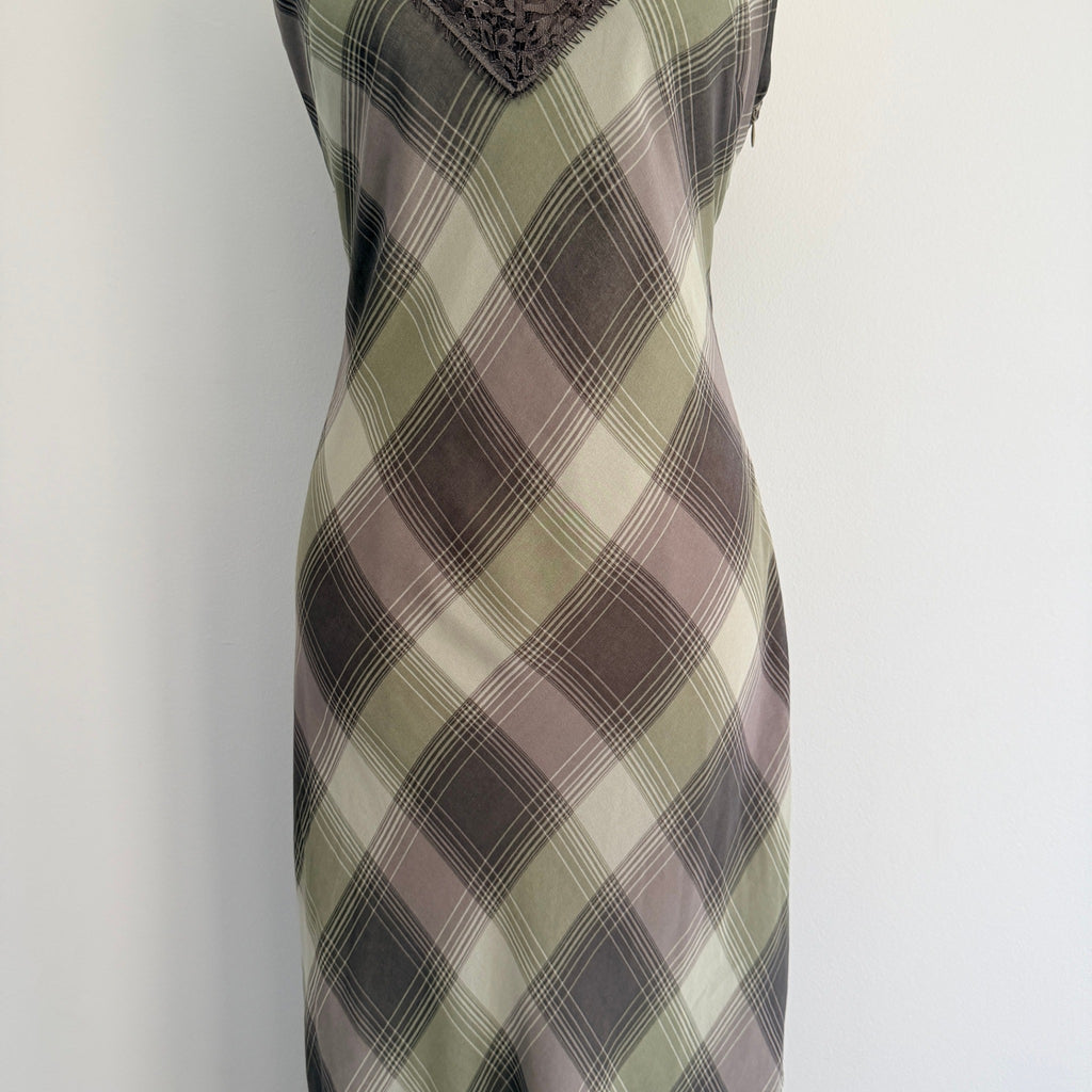 Glassons Khaki Charcoal Check Slip Dress Lace Trim Maxi Size 14 Evening BNWT - Image 6