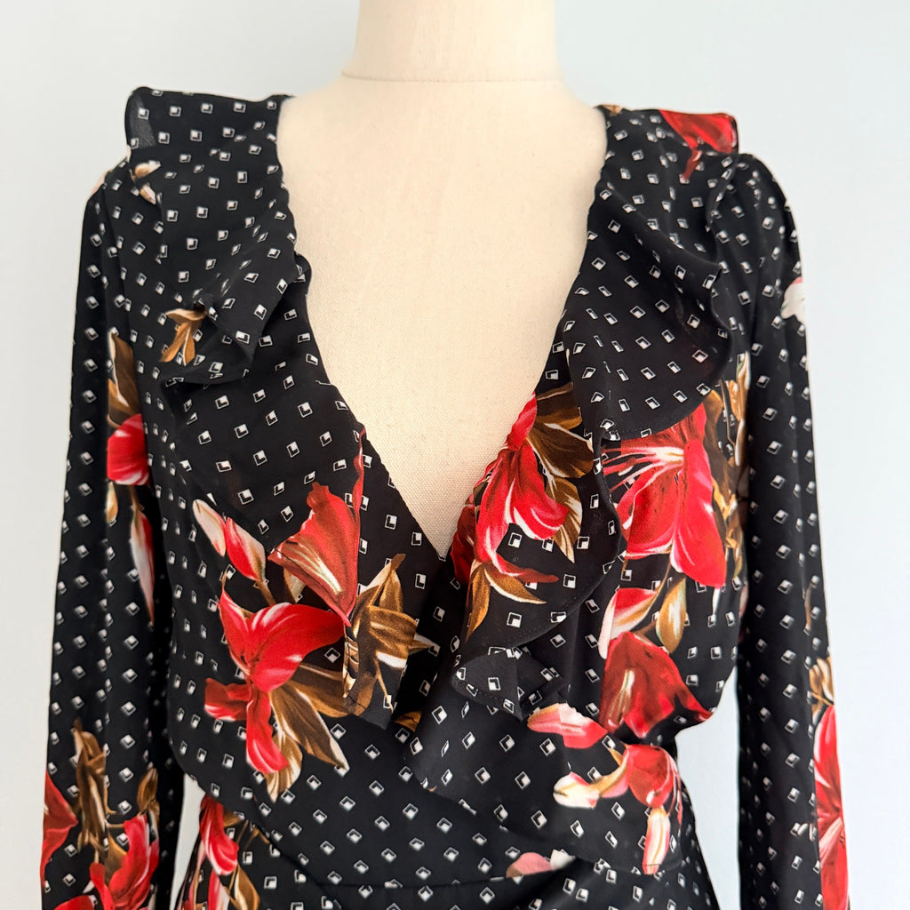 Sheike Black Floral Polka Dot Ruffle Wrap Dress Size 8 - Image 2