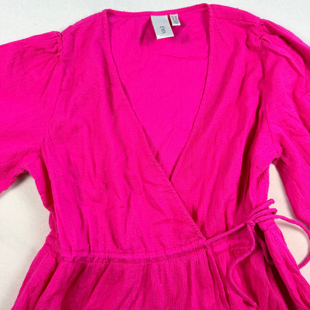 YAS Womens Wrap Dress Size XS Pink Cotton Puff Sleeve Tie Waist Summer - Image 13