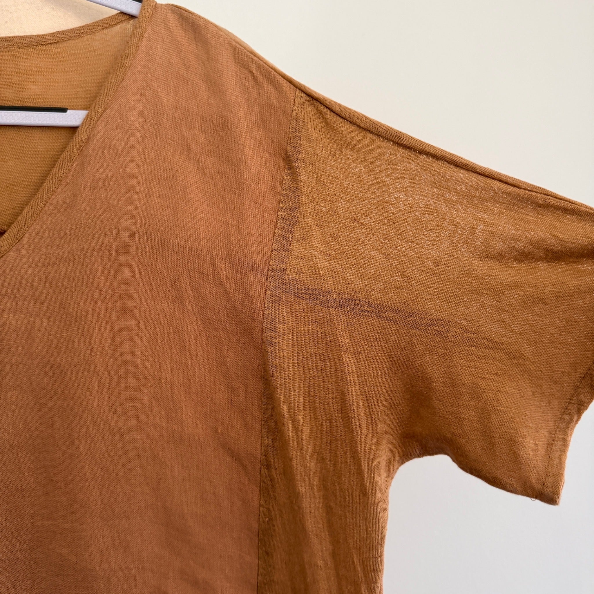 The Shanty Corporation Linen Top Tan V-Neck Relaxed Fit Size S Summer Casual - Image 9