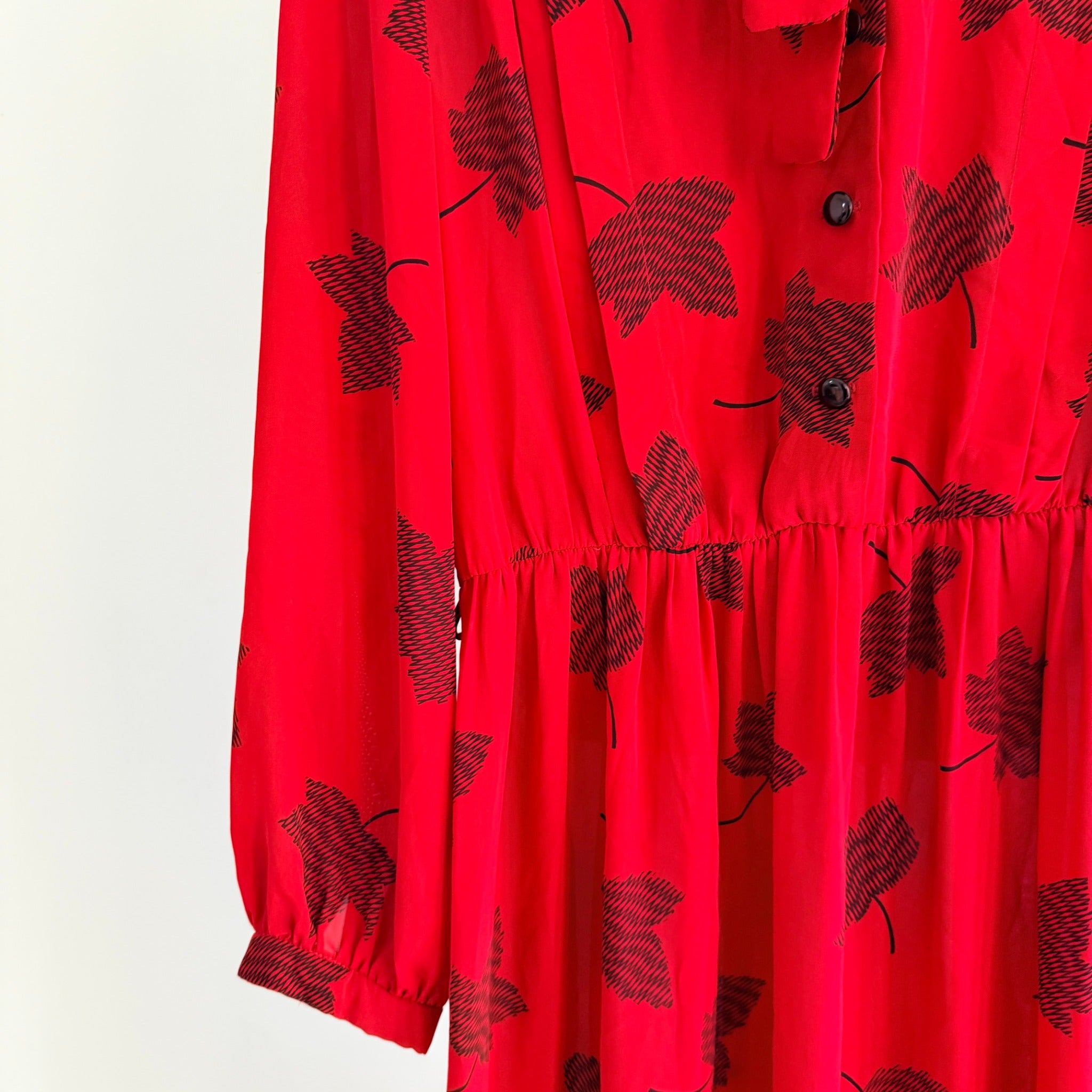 Maxine Vintage Red Black Leaf Print Polyester Pussy Bow Midi Dress Sz 14 Retro - Image 9