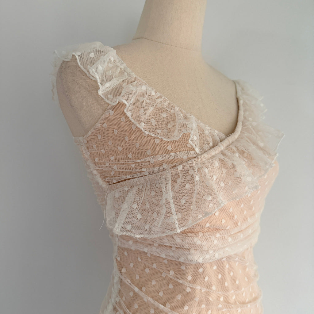 MDS Collections White Nude Mesh Swiss Dot Ruffle Mini Dress Size S Party - Image 13
