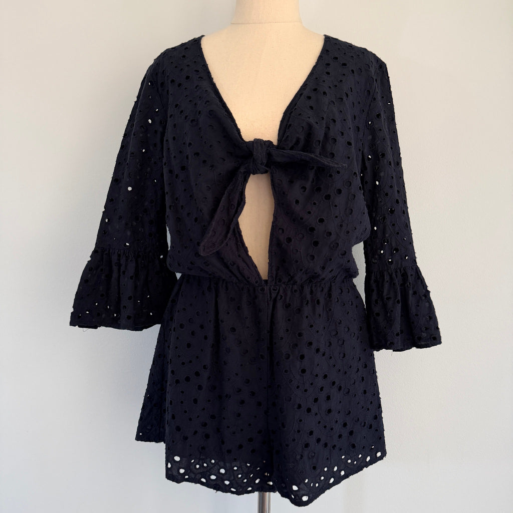 Seed Heritage Black Cotton Eyelet Playsuit Sz 10 Tie-Front Bell Sleeve Summer - Image 1