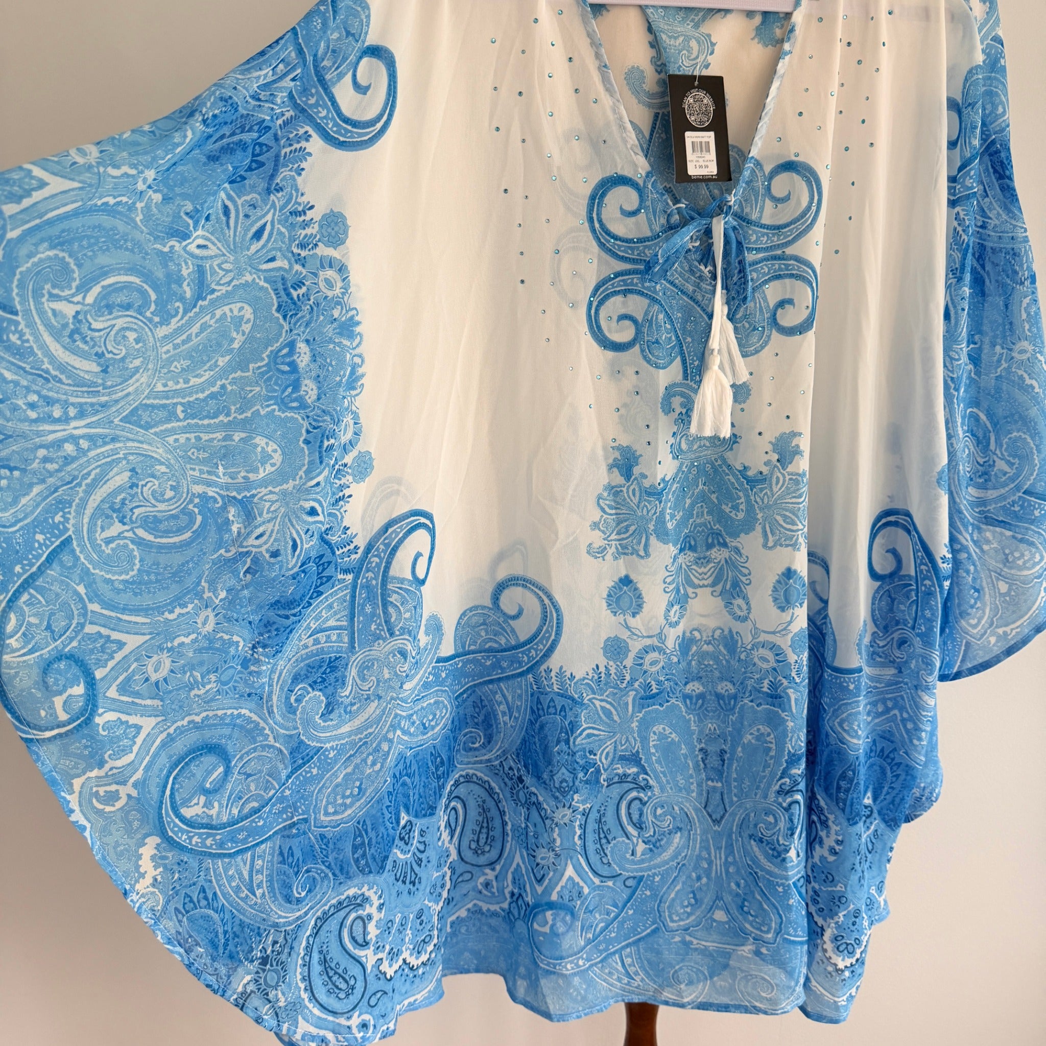 Beme Blue White Paisley Polyester Kaftan Top Size XXL Boho Beach Cover Up BNWT - Image 4