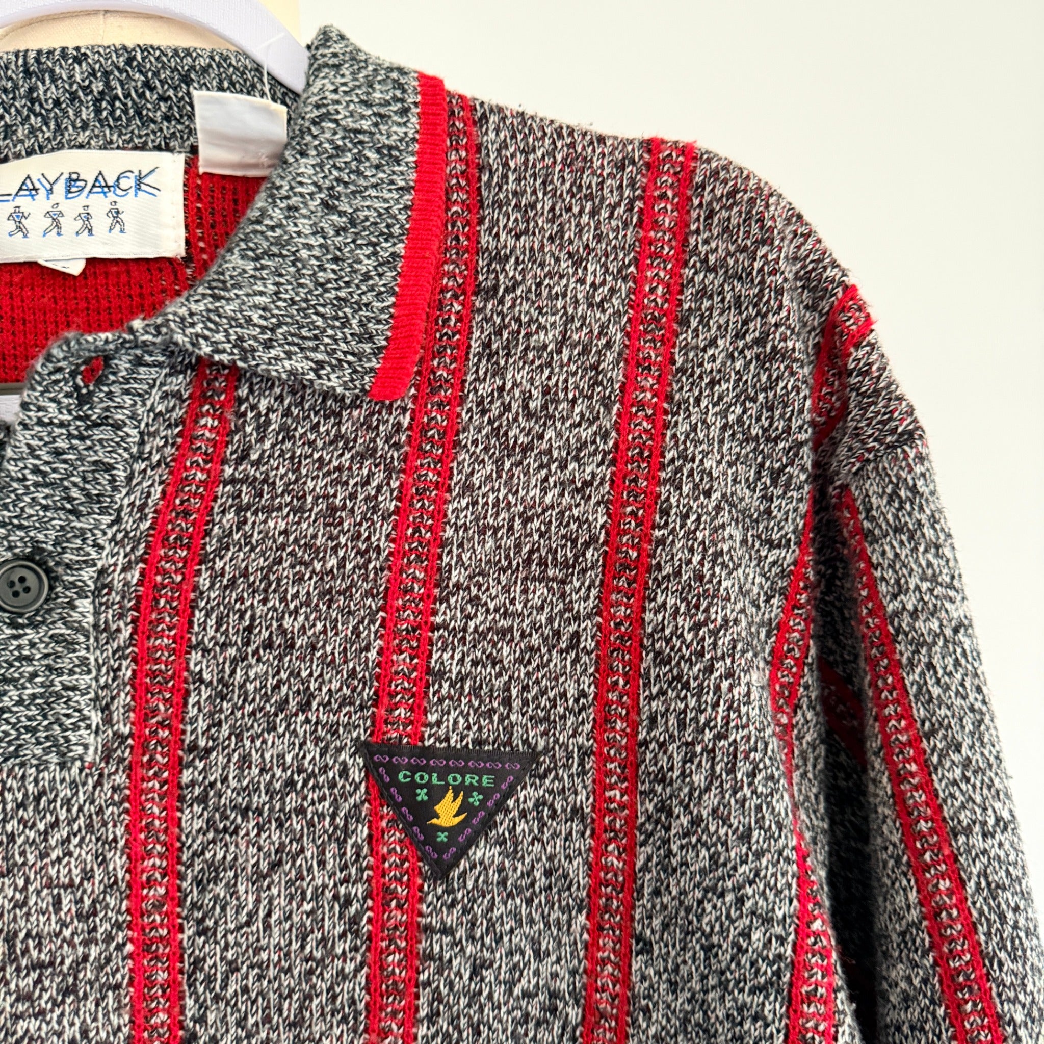 Playback Grey Red Acrylic Striped Knit Polo Sweater Sz M Vintage 90s Casual - Image 10