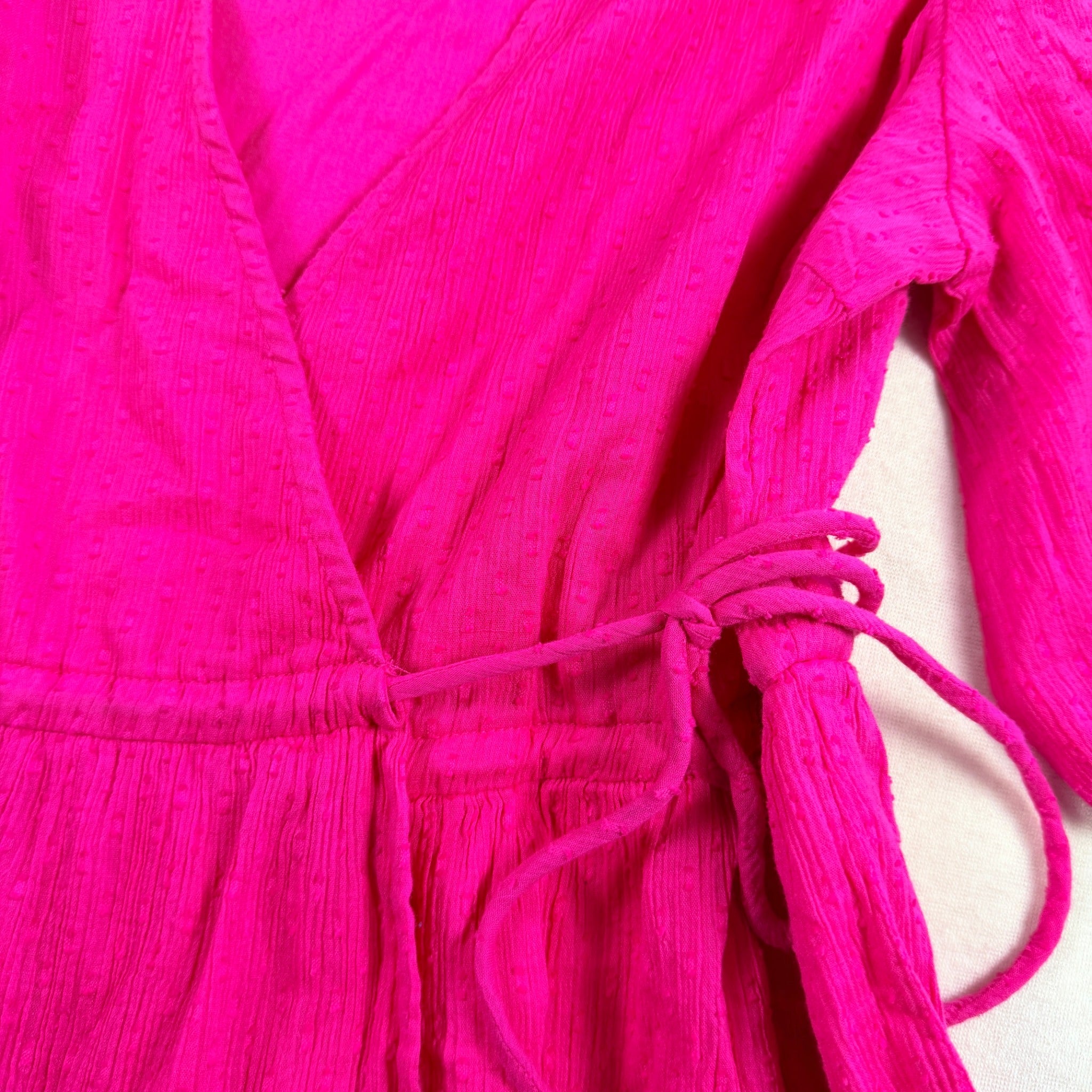 YAS Womens Wrap Dress Size XS Pink Cotton Puff Sleeve Tie Waist Summer - Image 8