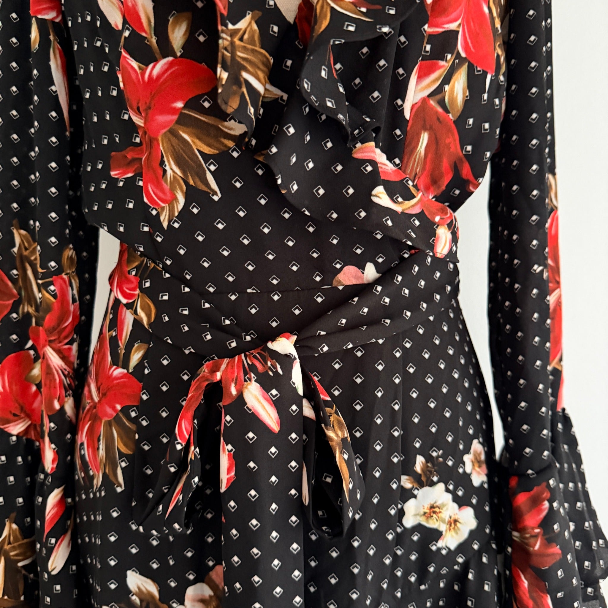 Sheike Black Floral Polka Dot Ruffle Wrap Dress Size 8 - Image 6