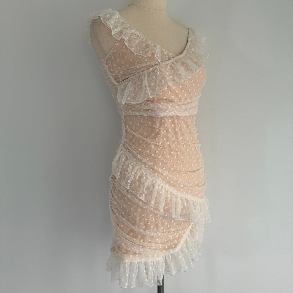 MDS Collections White Nude Mesh Swiss Dot Ruffle Mini Dress Size S Party - Image 9