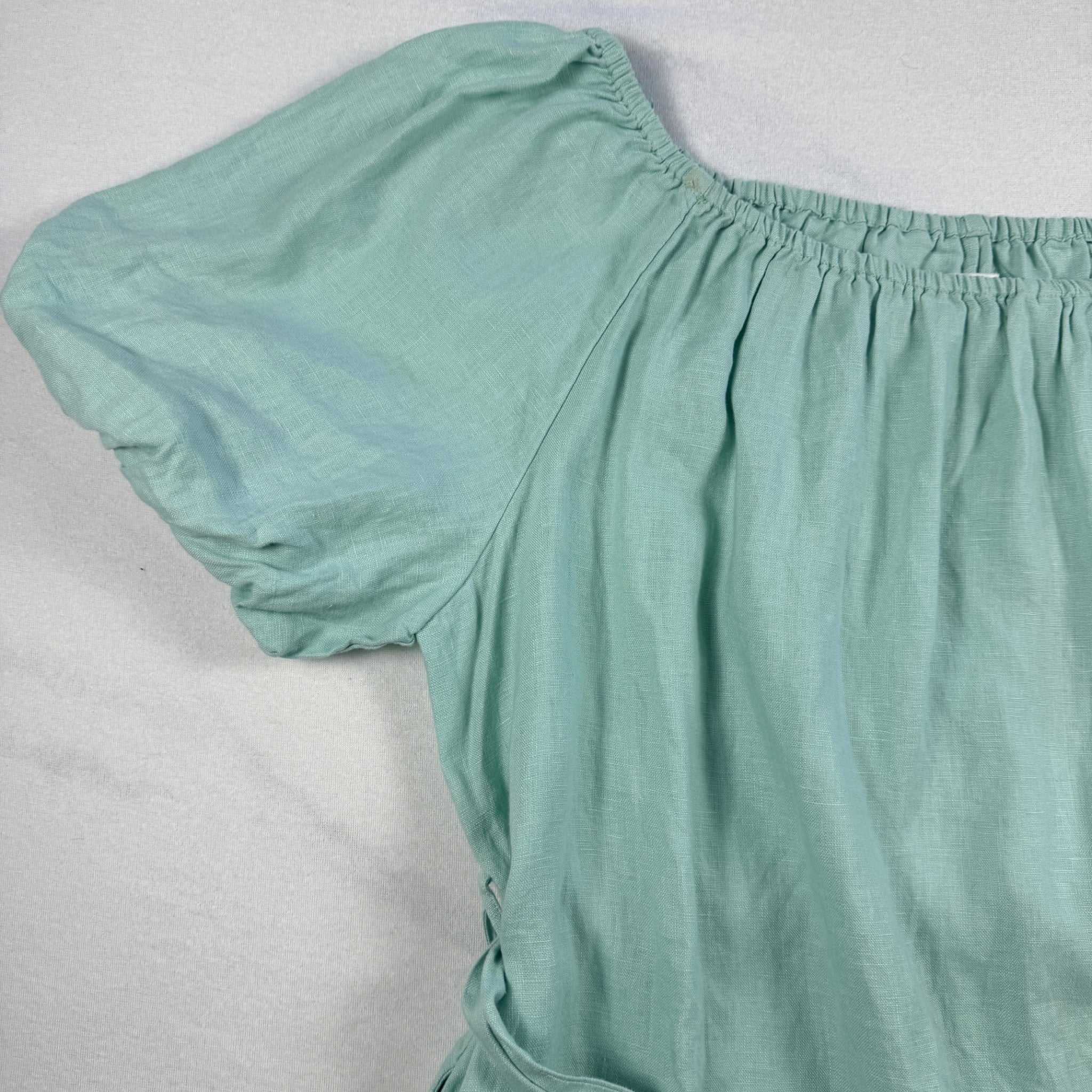Amelius Mint Green Linen Midi Dress Size XL Puff Sleeve Tie Waist Resort - Image 11