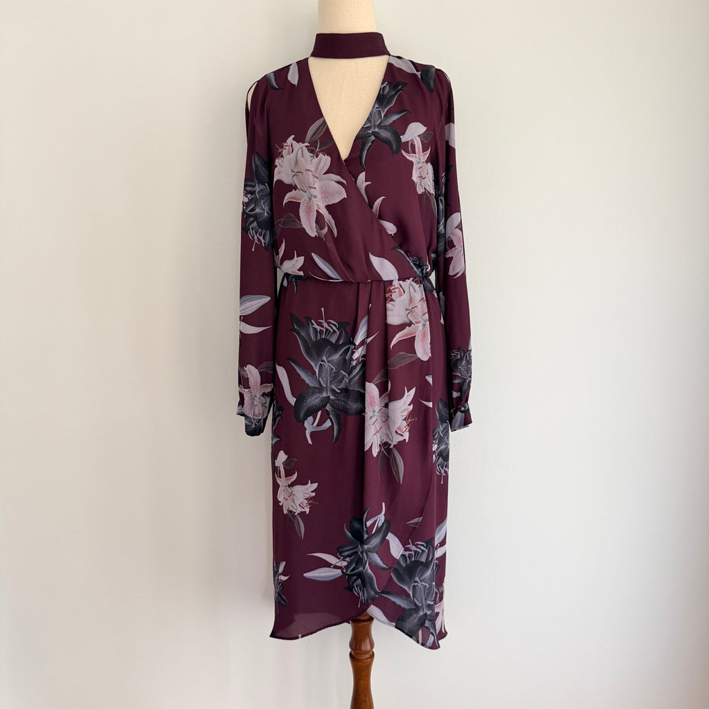 Portmans Floral Wrap Dress Burgundy Size 8 Elegant Long Sleeve - Image 1