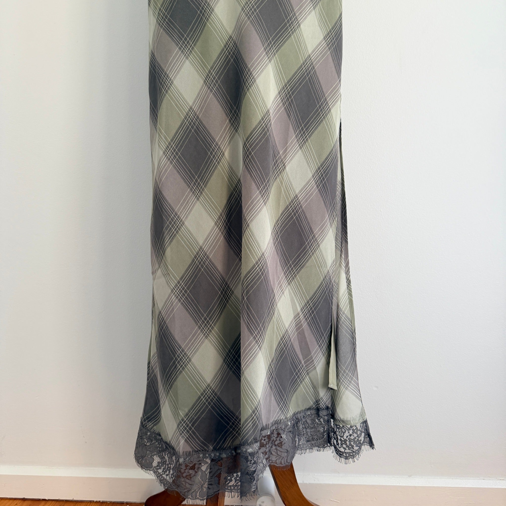 Glassons Khaki Charcoal Check Slip Dress Lace Trim Maxi Size 14 Evening BNWT - Image 9
