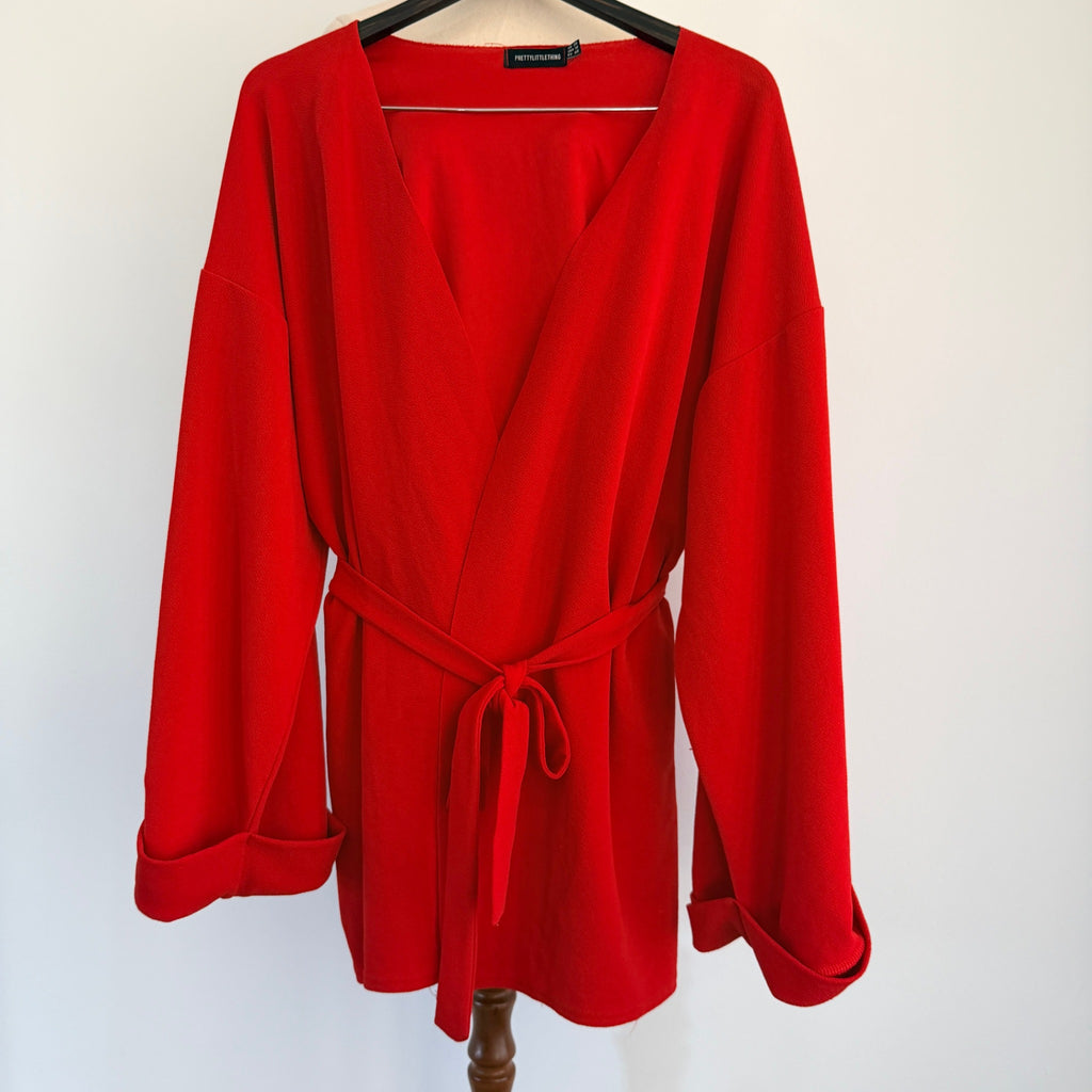 PrettyLittleThing Red Kimono Wrap Jacket Top Sz 20 V-Neck Party Evening - Image 1