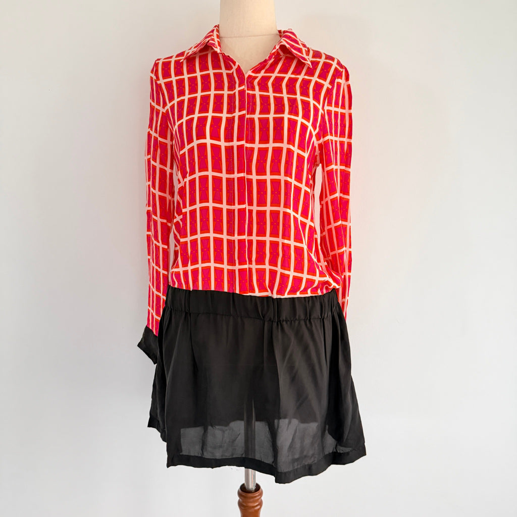 Orange Black Silk Geometric Print Shirt Dress Size S Boho Casual - Image 1